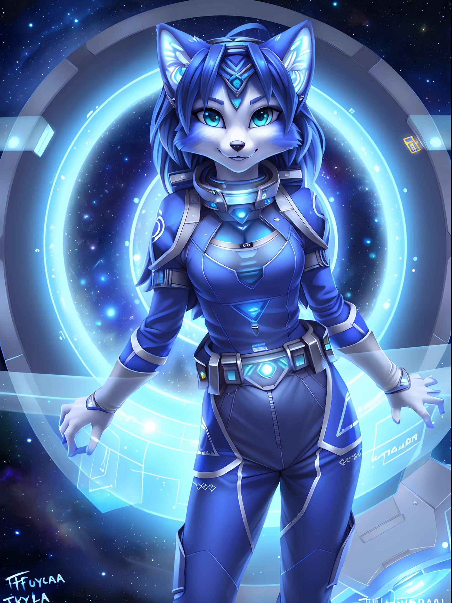 a beautiful and detailed (cute portrait) of ((Krystal)), Star Fox Krystal, skinny, adorable, green eyes, small breasts, spacesuit, typing on holographic computer, cleavage, grin, looking up,, anthro, furry, holographic screen, science fiction, uploaded E621, detailed fluffy fur, (by fluff-kevlar, Bayard Wu, personalami, Pino Daeni), detailed face, (fluffy),