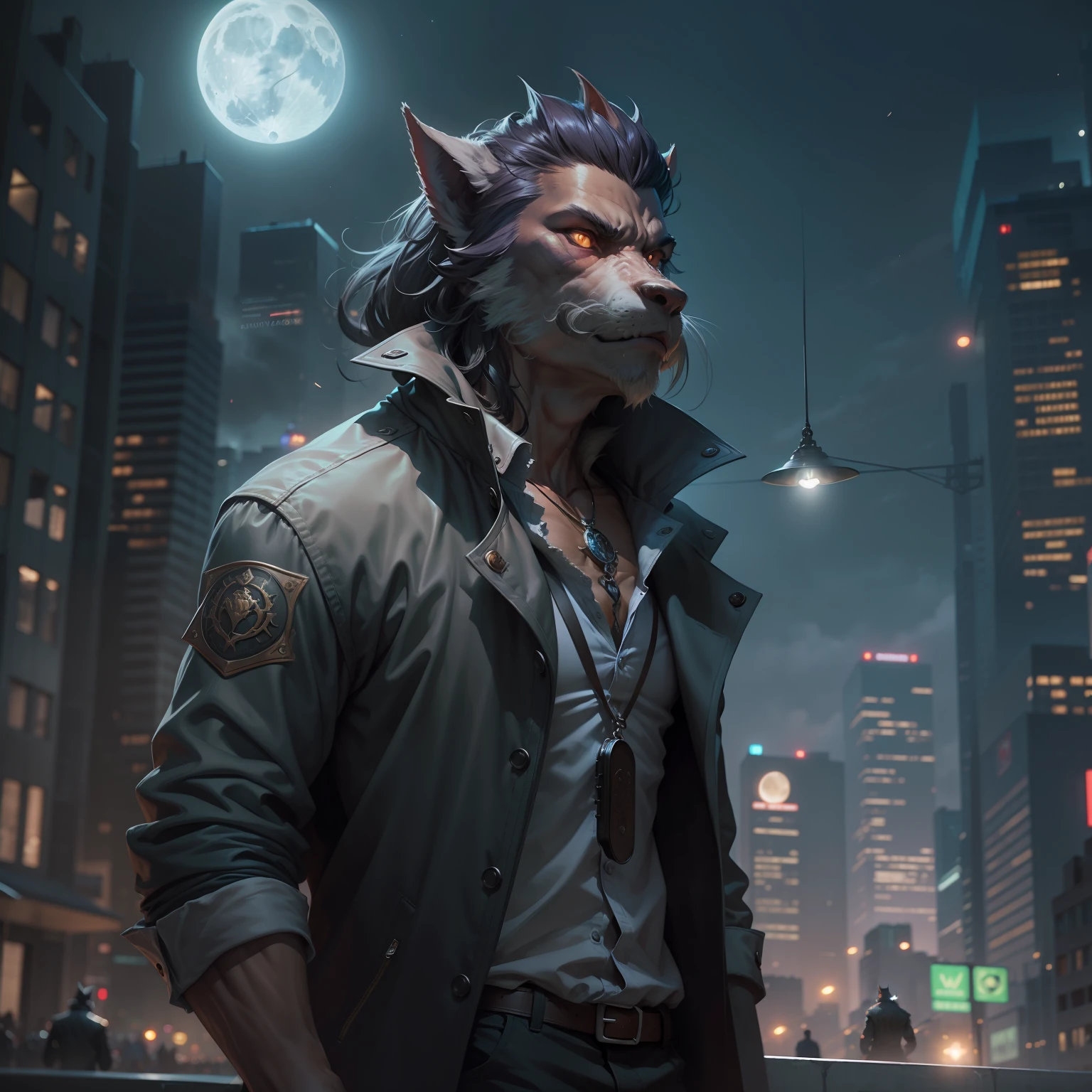Medium shot of a portrait of a werewolf man, standing in a modern city, looking at the camera, moon light, Lucas Graciano, digital arts, Steve Argyle, by Peter Mohrbacher, Davy Blythe