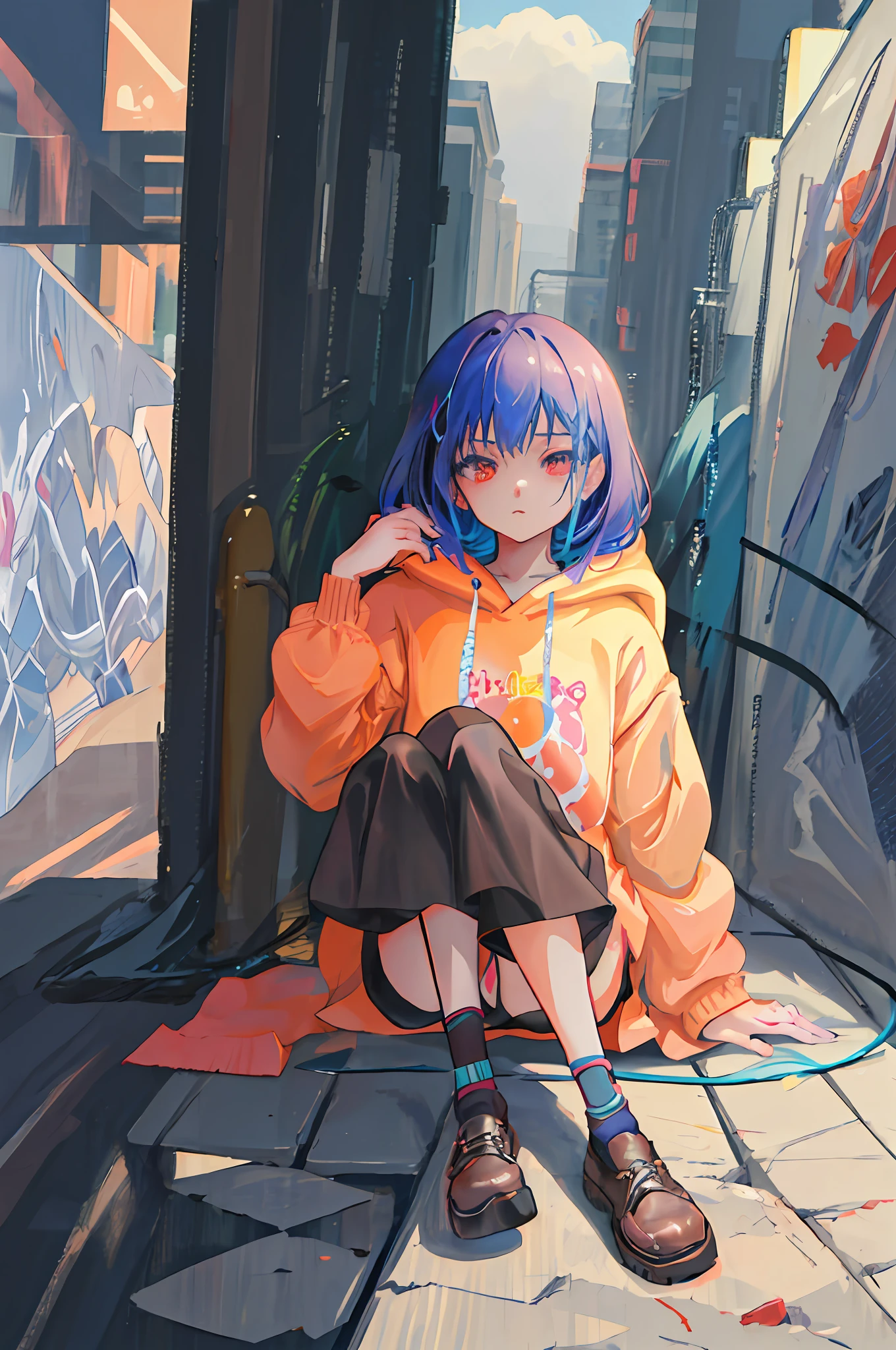 Anime girl sitting on the floor，A cat in his hand, style of anime4 K, black haired girl wearing hoodie, By Yuumei, Guviz-style artwork, Anime style. 8K, the anime girl is crouching, drawn in anime painter studio, In anime style, Guweiz in Pixiv ArtStation, Digital anime illustration