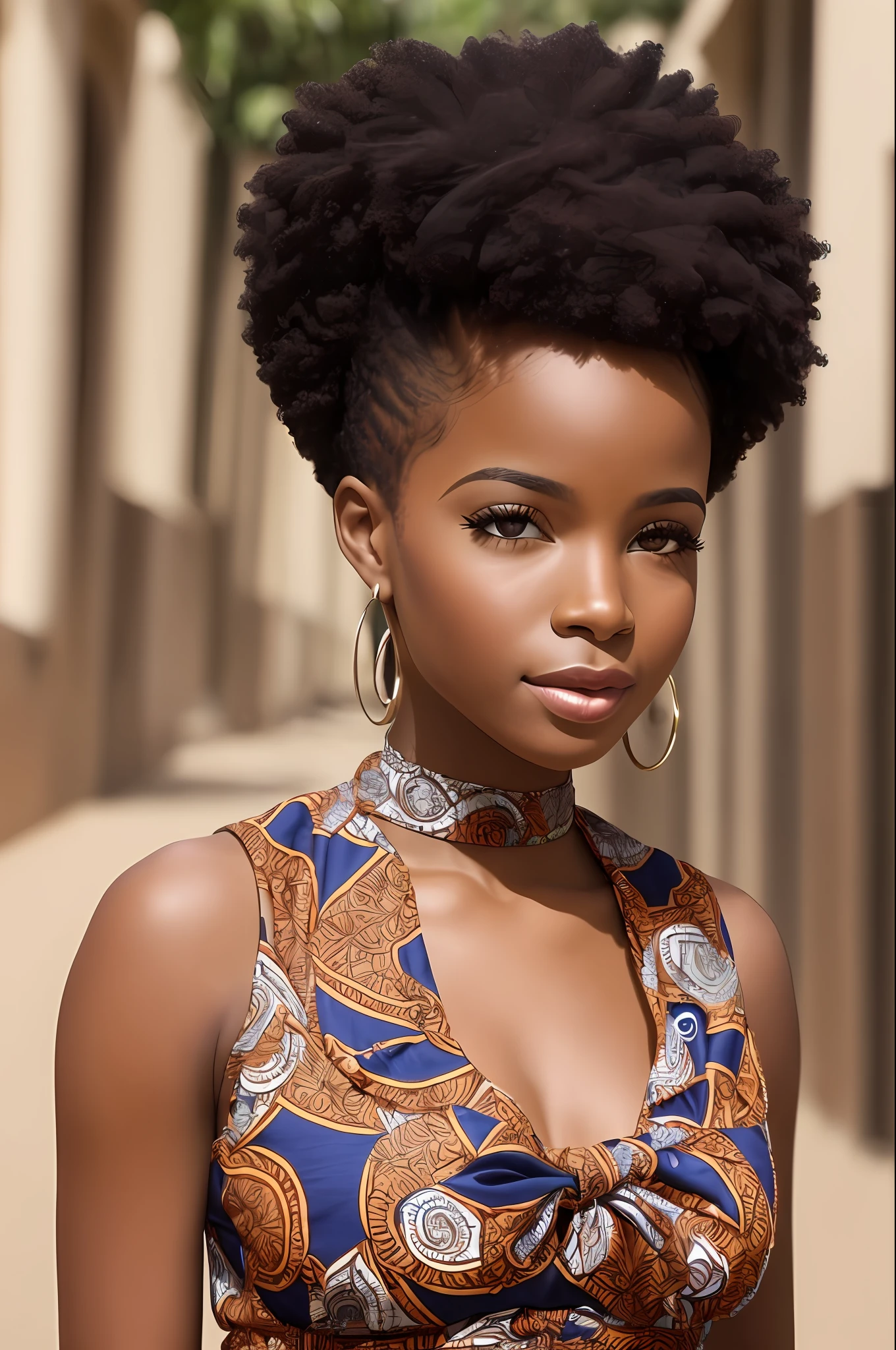 Menina afro-africana: 2.3, afro-queniano: 2.4 (cor marrom escura: 3.0), cabelo cacheados, vestido longo colorido, olhos grandes castanhos claros Cintilantes, Bow in the hair --auto