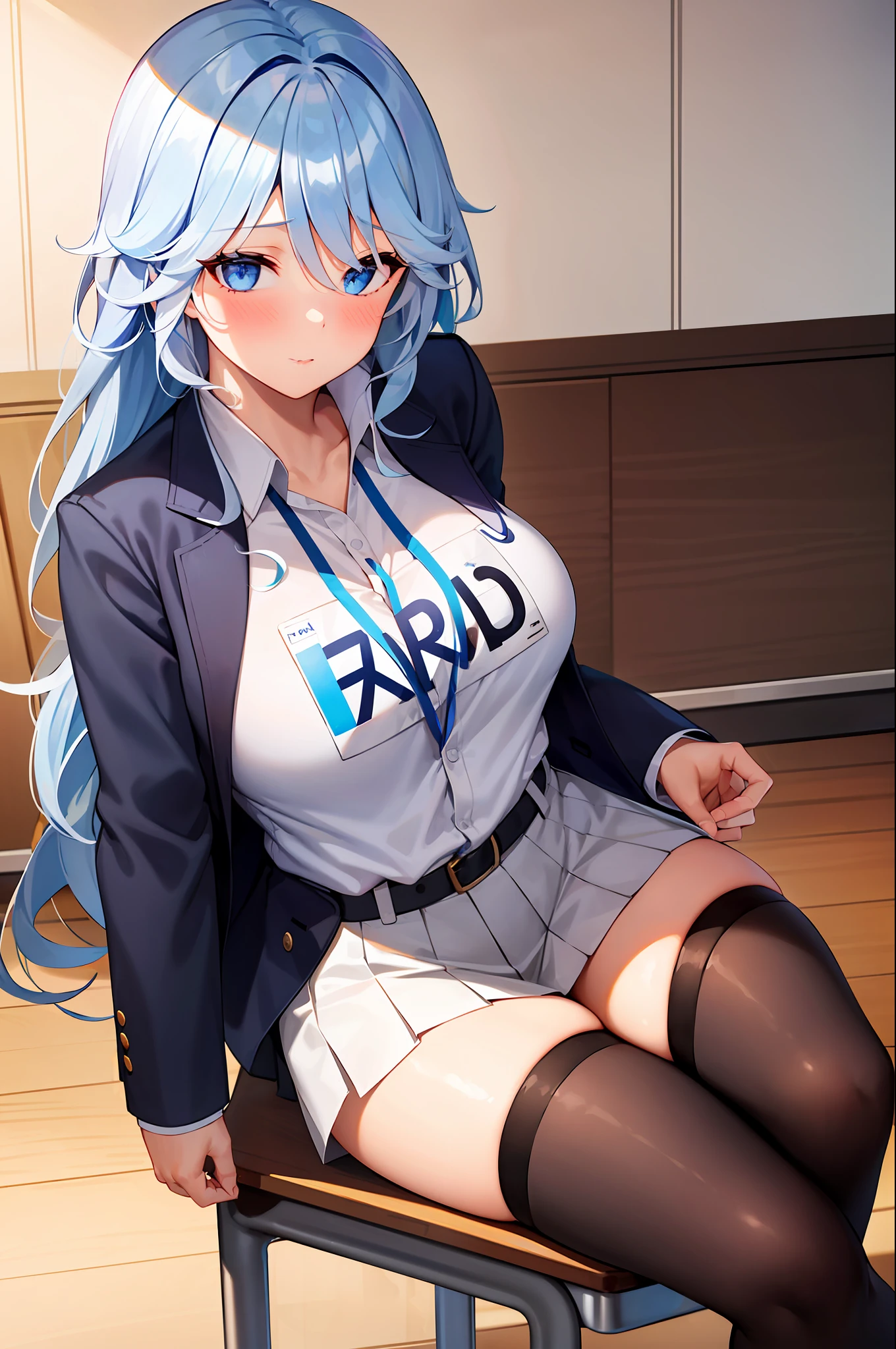 1girl, solo, ((white shirt)), black thighhighs, breasts, cleavage, uniform, office background, black skirt, pleated skirt, office,large breasts, looking at viewer, BLUE SEA HAIR, solo, thighhighs, thighs, very long hair, ((masterpiece)), sitting, chair, desk, computer on desk, name tag, id tag, indoor, blush, sexy pose,