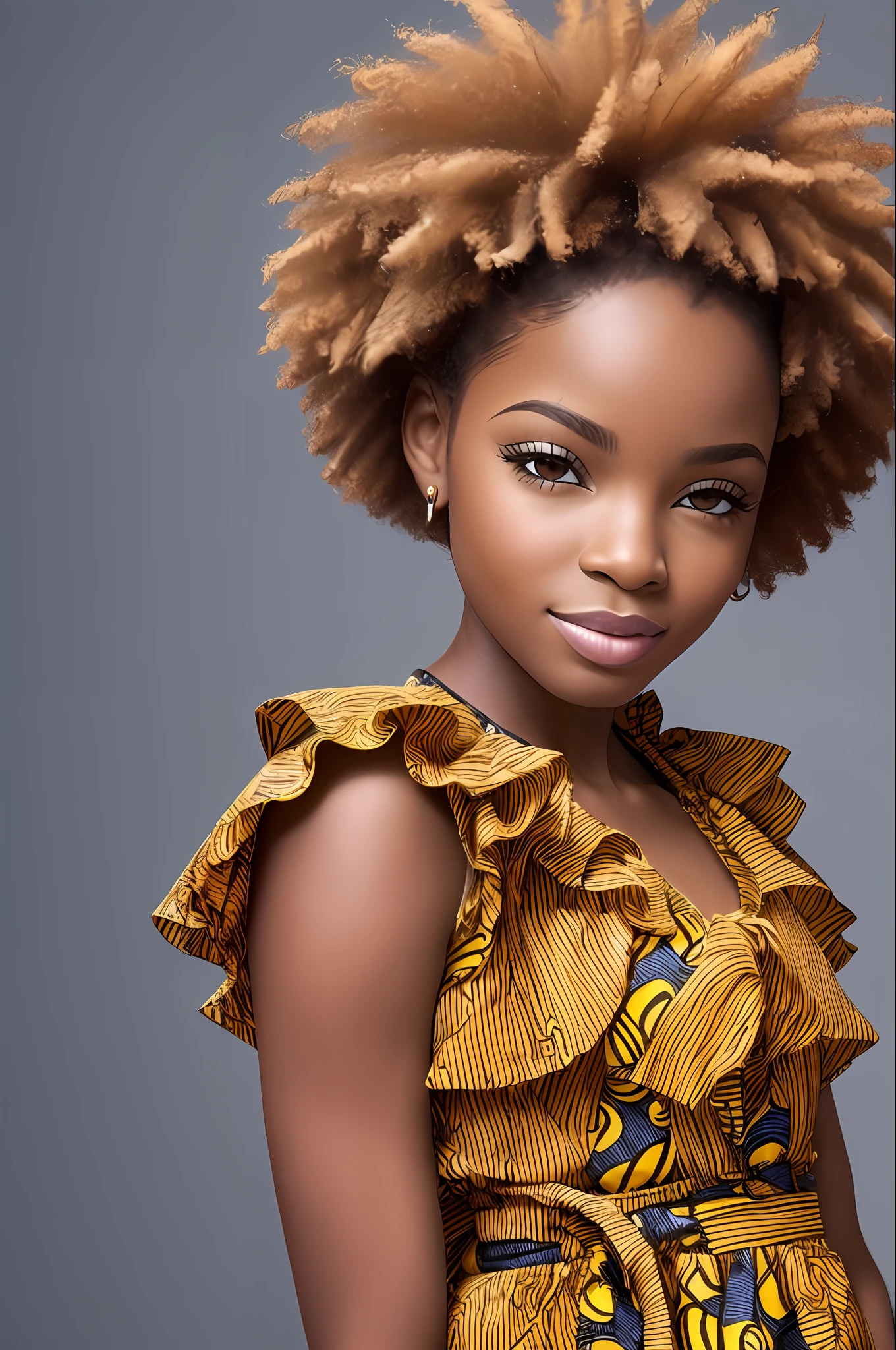 Menina afro-africana: 2.3, afro-queniano: 2.4 (cor marrom escura: 3.0), cabelo cacheados, vestido longo colorido, olhos grandes castanhos claros Cintilantes, Bow in the hair --auto