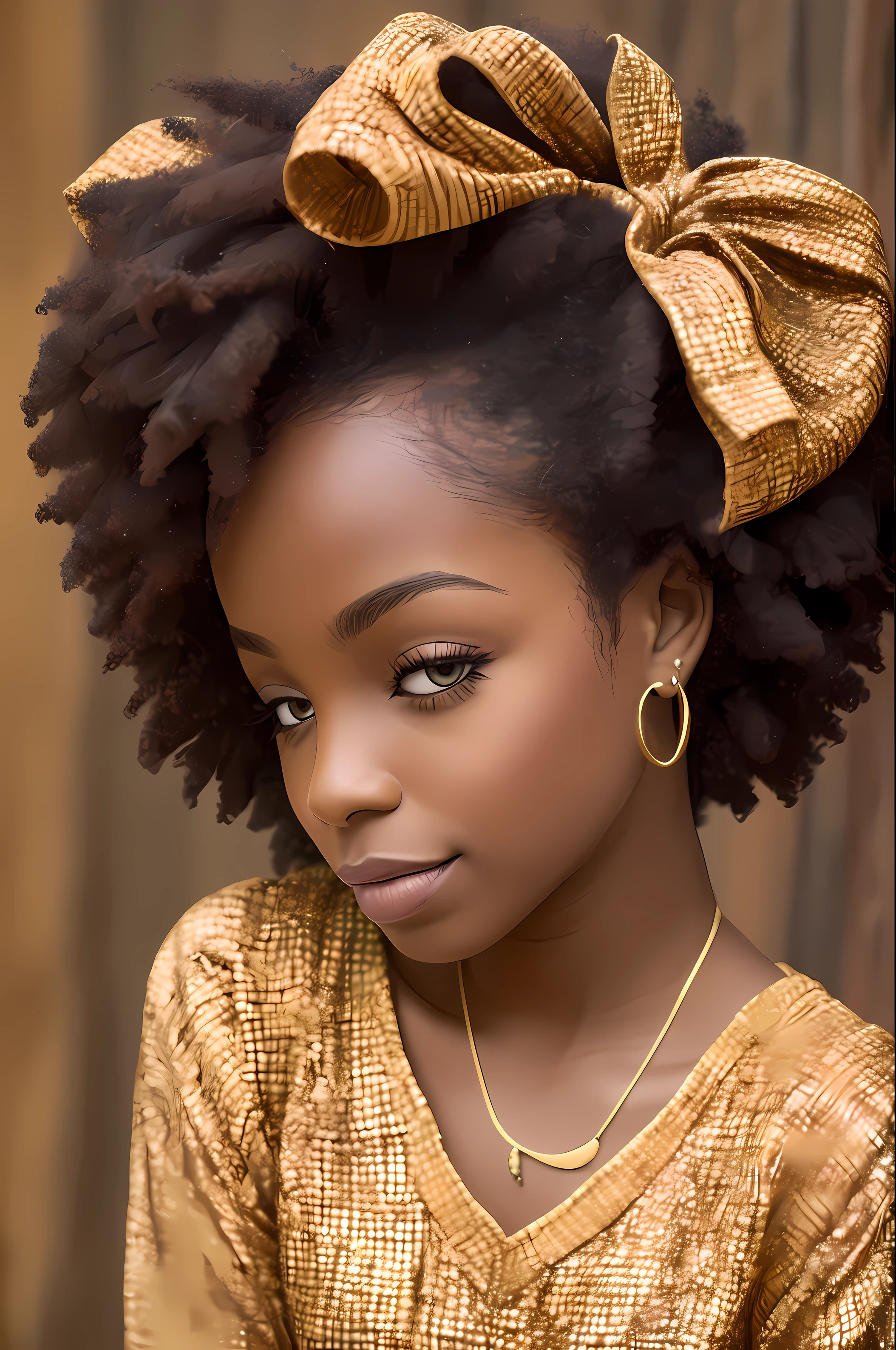 Menina afro-africana: 2.3, afro-queniano: 2.4 (cor marrom escura: 3.0), cabelo cacheados, vestido longo colorido, olhos grandes castanhos claros Cintilantes, Bow in the hair --auto