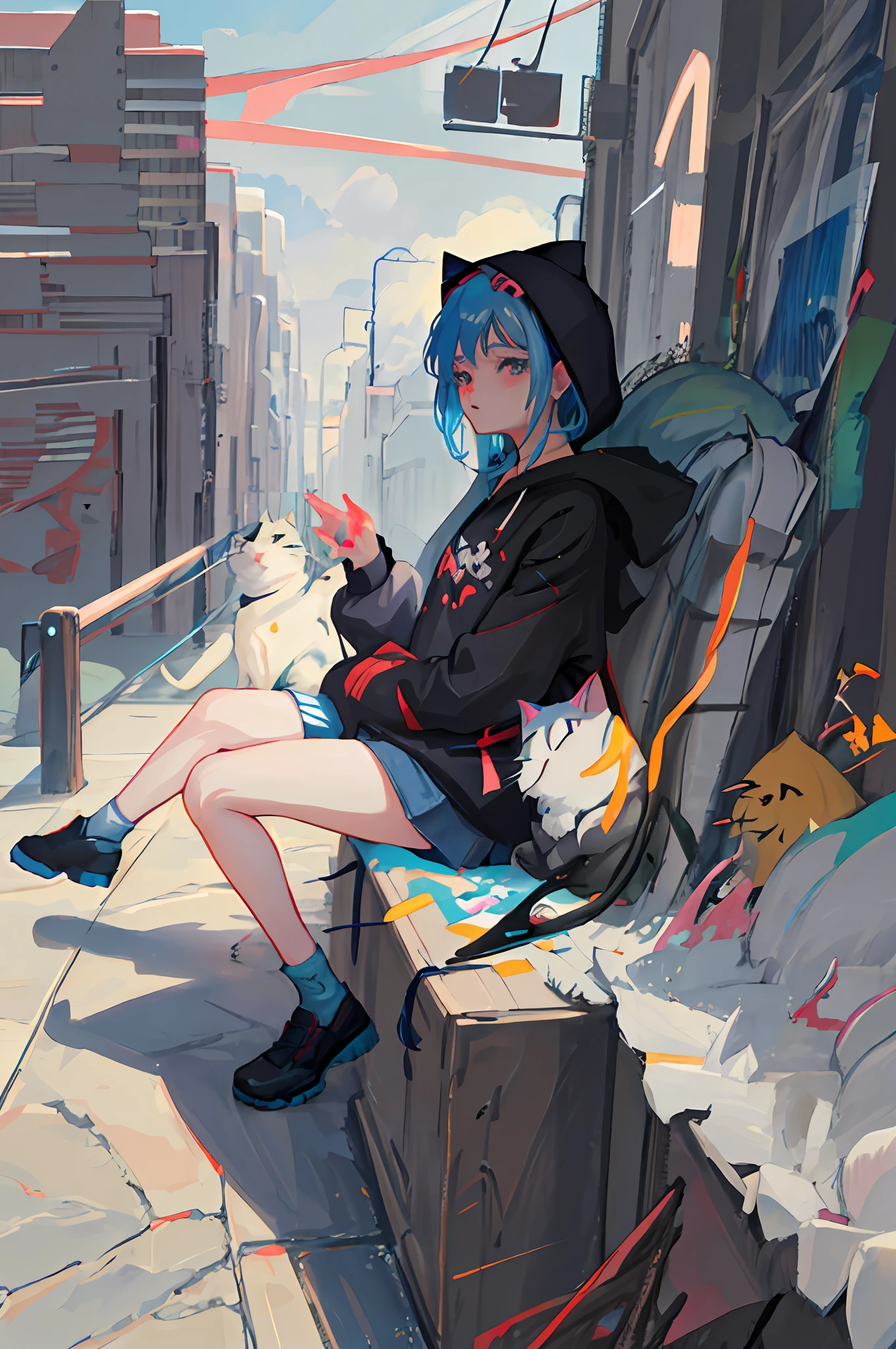 Anime girl sitting on the floor，A cat in his hand, style of anime4 K, black haired girl wearing hoodie, By Yuumei, Guviz-style artwork, Anime style. 8K, the anime girl is crouching, drawn in anime painter studio, In anime style, Guweiz in Pixiv ArtStation, Digital anime illustration