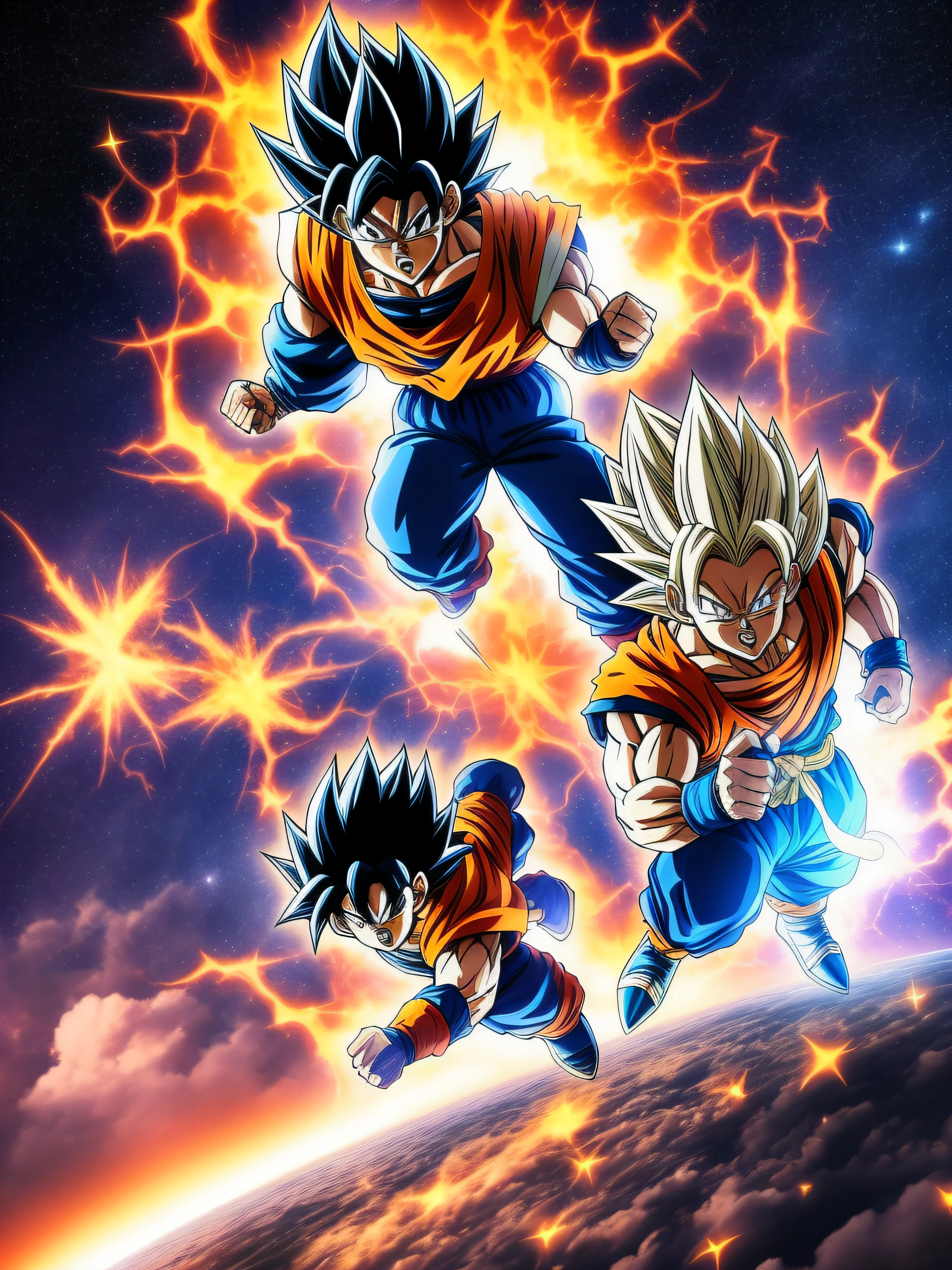 Image of GOKU against VEGETA in a battle in the sky, Dark blue sky with stars, imagem detalhada, ultra realista, anime version, Explosions and cinematic effects