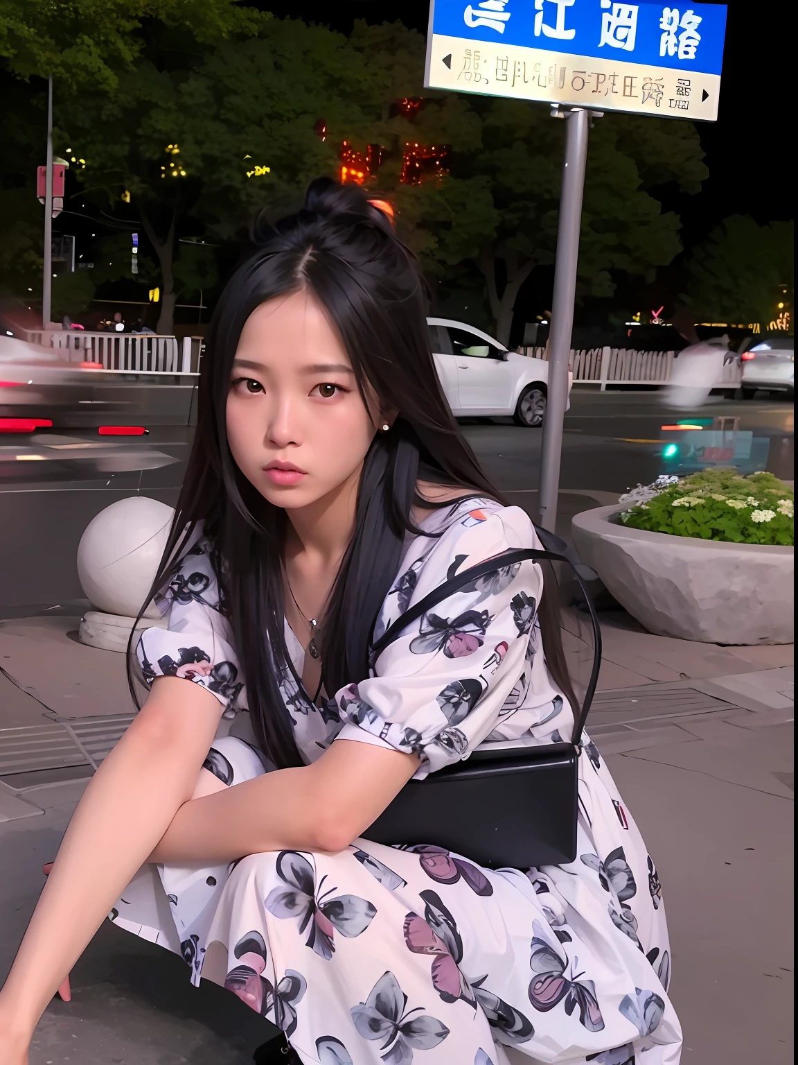 Woman sitting on the ground in front of a street sign, xintong chen, xision wu, ulzzangs, wenfei ye, jisoo from blackpink, personal profile picture, jisoo of blackpink, Chinese girl, A young Asian woman, aesthetic cute with flutter, Shin Jinying, chengyou liu, Lin Qifeng, Korean girl, ☁🌪🌙👩🏾