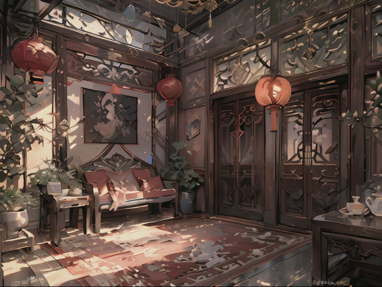 (antique interior design), Chinese home furnishings, round porch, depth, symmetrical design, ((antique carved door beams, carved beam paintings, tables and chairs, bonsai, vases, porcelain, trees, flowers, Chinese lamps, embroidery, screens, beds, cushions, red sand curtains)), exquisite home, rich details, ancient Chinese Ming dynasty style, quiet and elegant atmosphere, red tones as the keynote, exquisite and soft painting style, cinematic lighting effects, HD picture quality, soft light, Tyndall effect, dreamy, rich details, Reference Gu Kaizhi, 32k, high quality, high resolution, (very detailed CG unity 8k wallpaper)