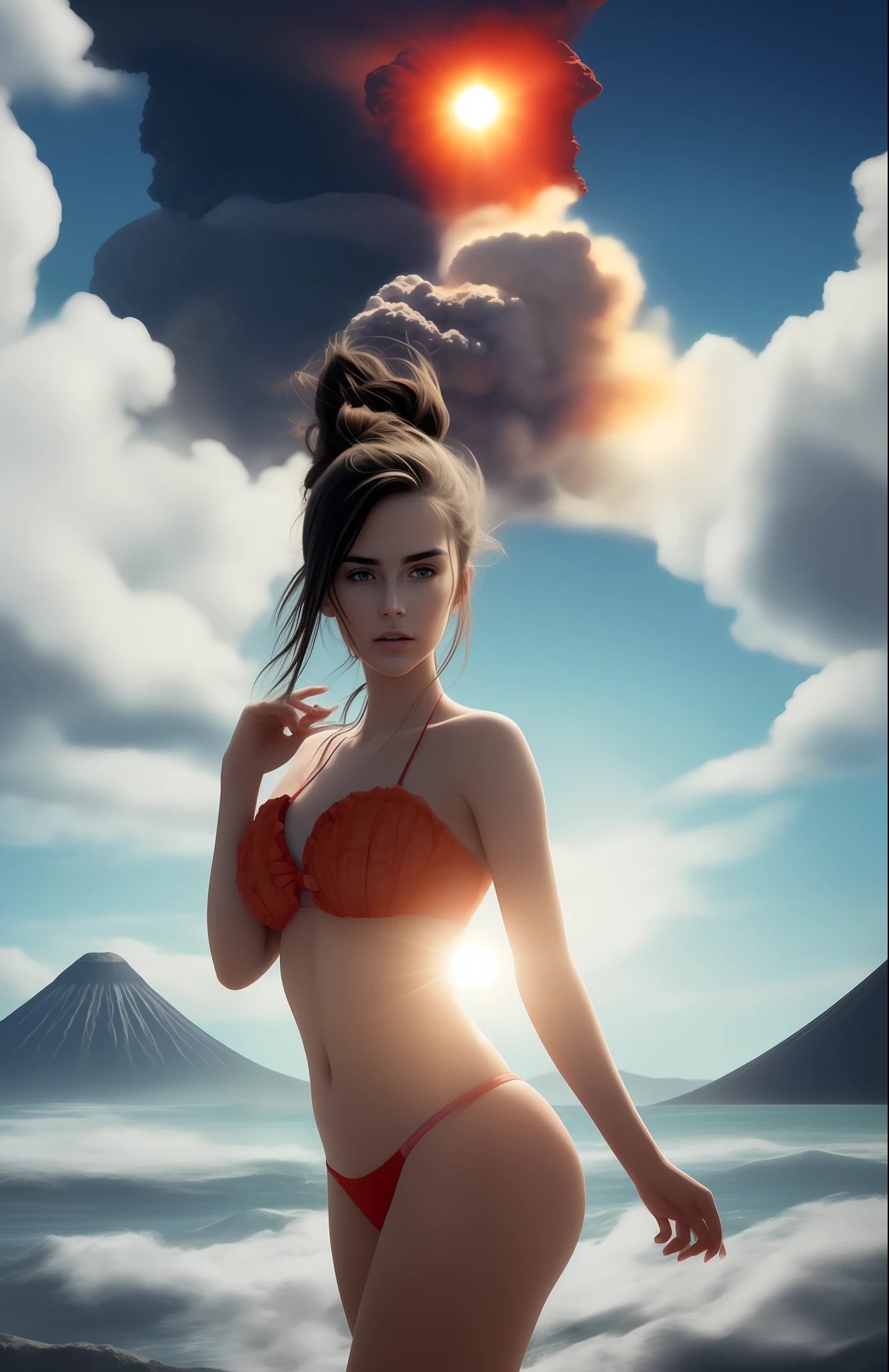 Epic movie poster, Volcano erupting, krakatoa, premiado (corpo inteiro:1.3) foto retrato de um (moana:1.2), (shell bikini:1.2), (water goddess:1.2), tatuagens tribais, (wading:1.2) non-Pacific (oceano:1.1), arms behind her head, (tiro parcialmente submerso:1.2), (ondas:0.9), fundo de ilha deserta, palmeiras, praia, fluffy clouds in the sky, outrun, vaporware, trending in artstation,  altamente detalhado, detalhe fino, intrincado, (lens flare: 0.9), (retroiluminação: 0.9), (bloom: 0.9), [Style-Micro::10]