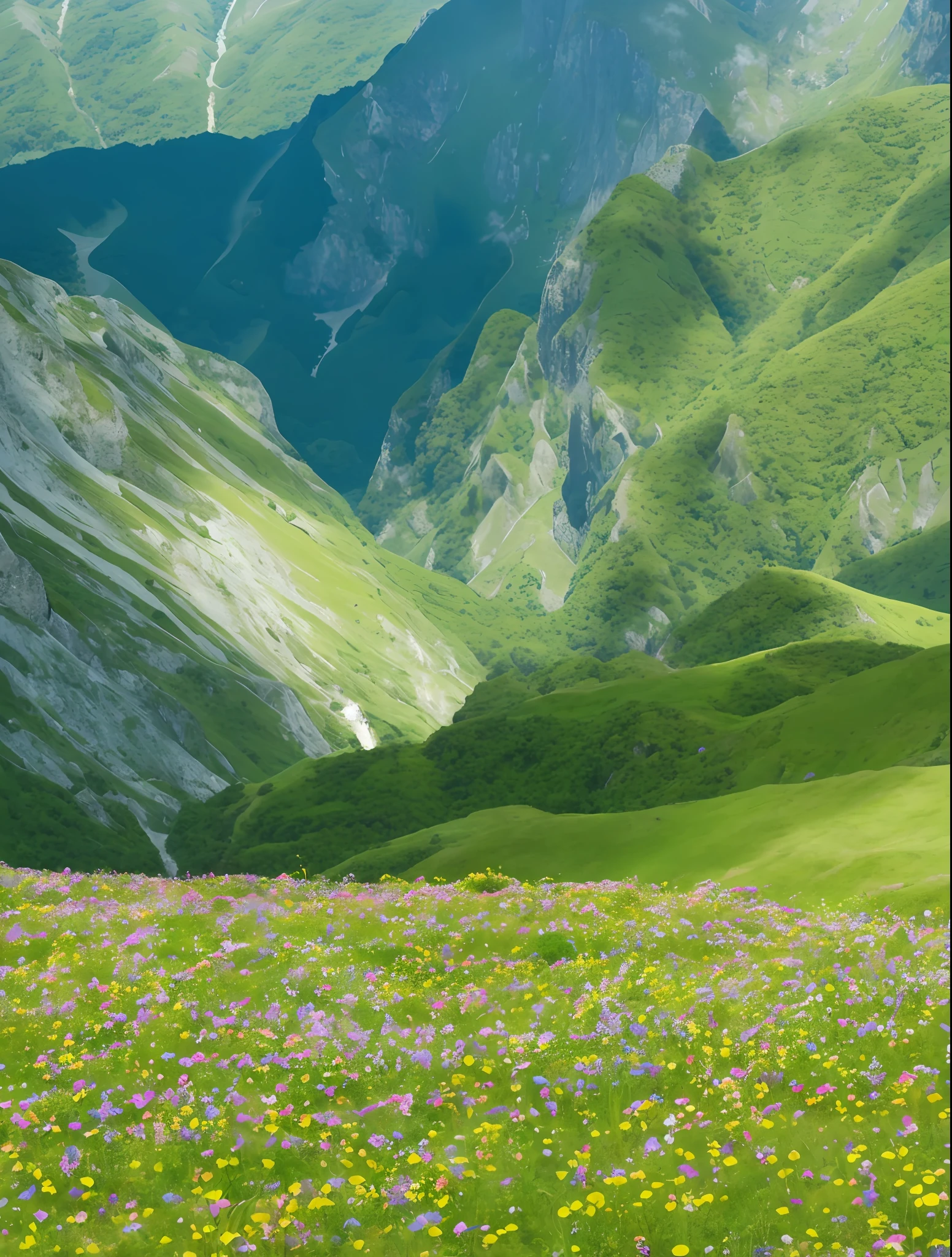 Mountains with green valleys and flower fields, Vast lush valley flowers, Valle encantador, Majestic nature, mountainous terrain, High quality wallpaper, mountainous setting, stunning nature in background, beatiful mountain background, mountainous background, mountainous terrain. rare flora, very beautiful scenery, very very beautiful scenery, breathtaking landscape, in a valley, Beautiful wallpaper