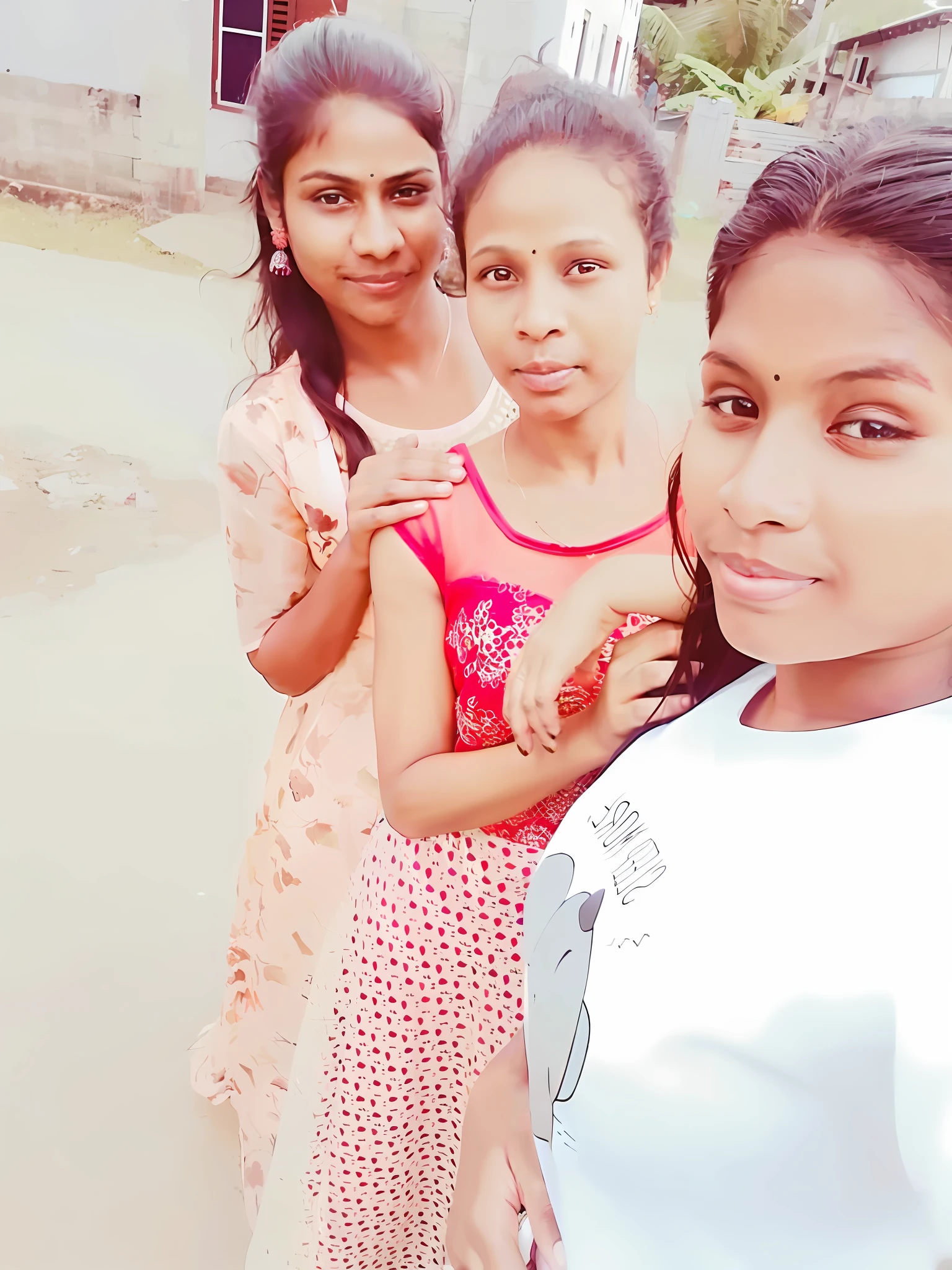 there are three girls standing together in a village, young girls, assamese aesthetic, very very low quality picture, candid picture, old picture, beautiful girls, with lovely look, assamese, cute girls, selfie!!!!!, young women, with funny feeling, with kind face, taken with the best dlsr camera, looking at camera!!!, in city street