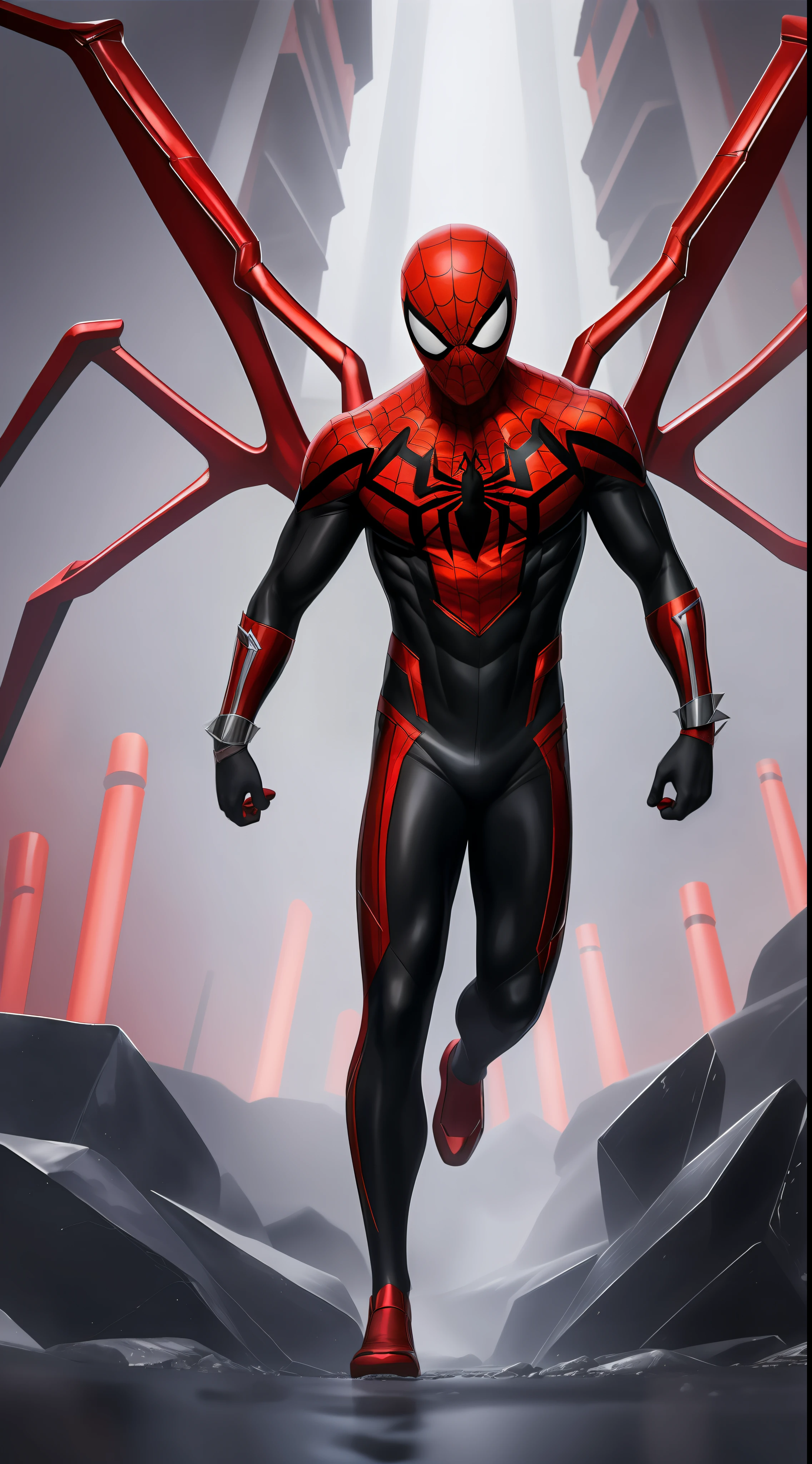 (((full body of male supspr))), (((four red metal legs))), (((silver bracelets))), (((sharp fingers))), a spider - man in a red and black suit, (((chasing))), 8k, unreal engine, octane render, by seunghee lee, Jang Tae-Hwan, Chocofing R, seungho lee, trending on pixiv, fanbox, skeb, masterpiece, smooth soft skin, big dreamy eyes, beautiful intricate colored hair, symmetrical, anime wide eyes, soft lighting, concept art, digital painting,NFT, Image easily separates the background