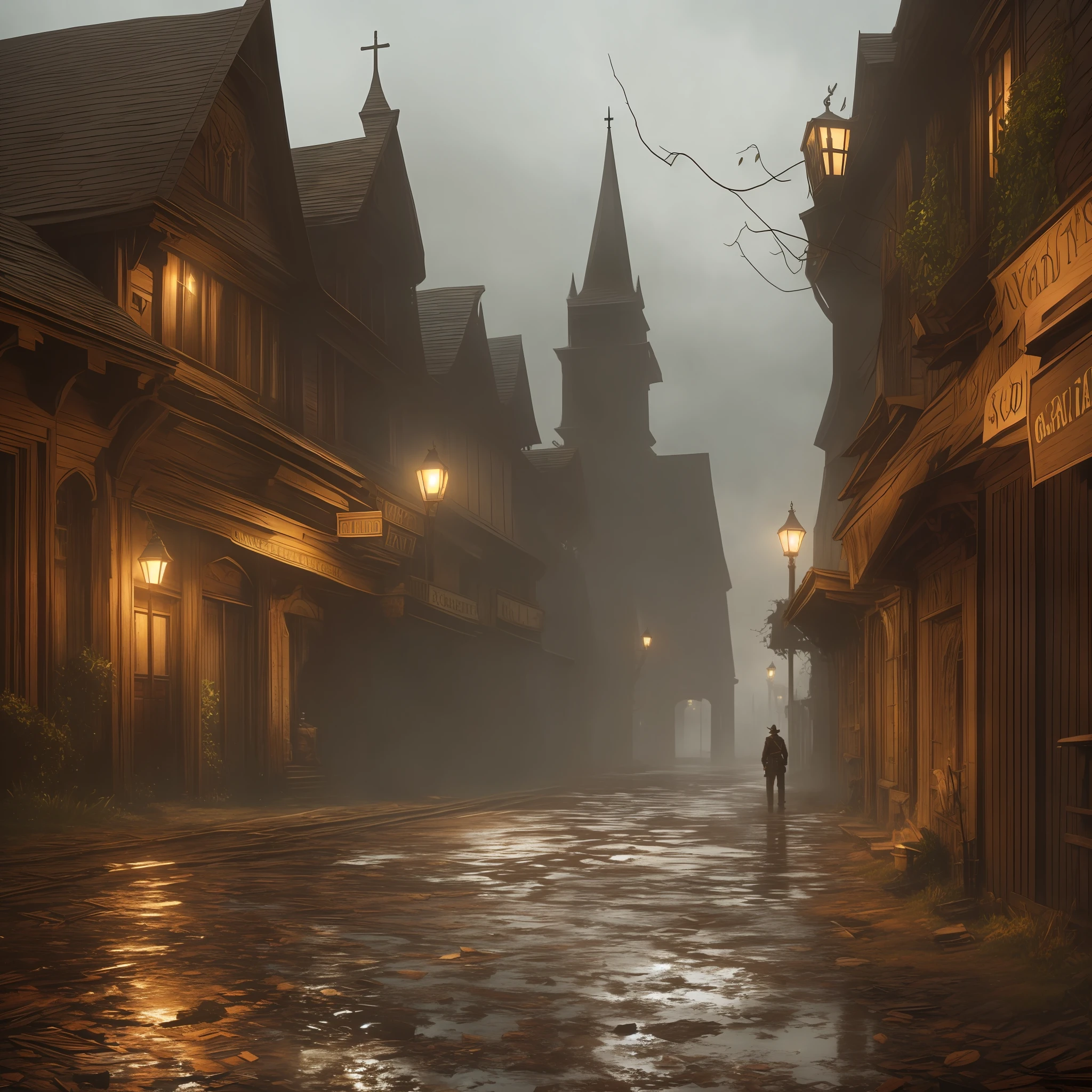 close-up on the character's face, dark fantasy victorian gothic mixed with old west town old wooden buildings, swamp environment, red dead redemption valentine meets, the hunt showdown, Bloodborne yharnam mix, a lone bounty hunter gunslinger in a trench coat wanders through the town, sandy muddy street, overgrown, gothic church, wooden coffins laying on the street, backwater swampy, Spanish moss covering dead trees, and buildings, atmospheric, night, lamp lit, moody, fromsoftware, concept art, dramatic lighting, ultra realistic, sharp details, high resolution,
