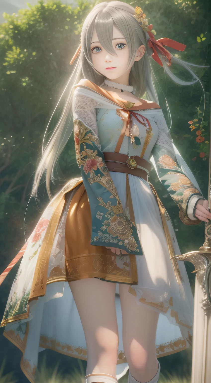 Lisbet in Sword Art Online, full body potrait, Anime Girl, Miniskirt, Digital Art 8K, Fantastic face, beautiful look, detailed hairs, ultra focus, Face illuminated, Details of face, Midsummer sky and Japan countryside, Highly detailed vector curves, It features a simple, Smooth and clean, sleeoing, Character Design, 3D Shading, Cinematic, ornate pattern, elegant organic framing, Hyper-Realism, Collection of masterpieces, green grass々and bright colors, Reallife Human,