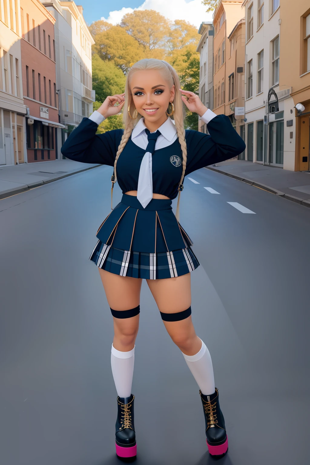 full body photo of a woman (lynaritaa:0.99) acting like a, ((wearing schoolgirl unifom)) blonde hair, platform boots, hourglass, bimbo facelips, bimbo, hoop earrings, (high detailed skin:1.2)(realistic pupils,realistic iris:1), 8k uhd, soft lighting, high quality, film grain, Fujifilm XT3