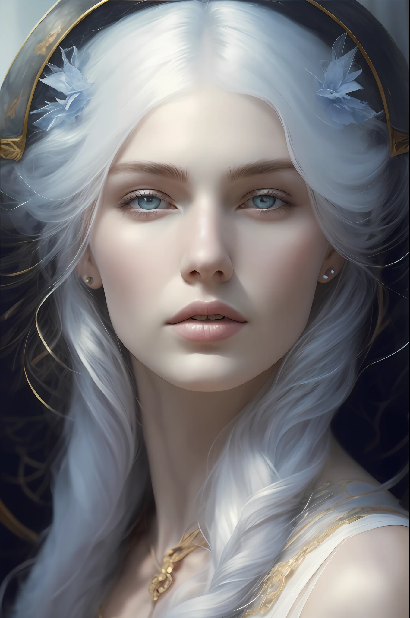 extremely white and pale skin, cold and intimidating look, kleine Nase, young woman, beautiful, perfekt, blaue Augen, markierter Kiefer, extremely beautiful, Perfektes Gesicht, Unrealistic beauty, Infinite beauty,8K, ultra realistisch, Extrem detailliert, portrait, fotorealistisch, surrealistisch