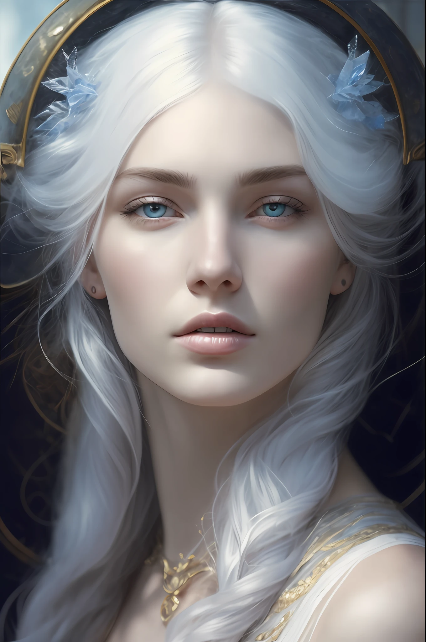 extremely white and pale skin, cold and intimidating look, kleine Nase, young woman, beautiful, perfekt, blaue Augen, markierter Kiefer, extremely beautiful, Perfektes Gesicht, Unrealistic beauty, Infinite beauty,8K, ultra realistisch, Extrem detailliert, portrait, fotorealistisch, surrealistisch