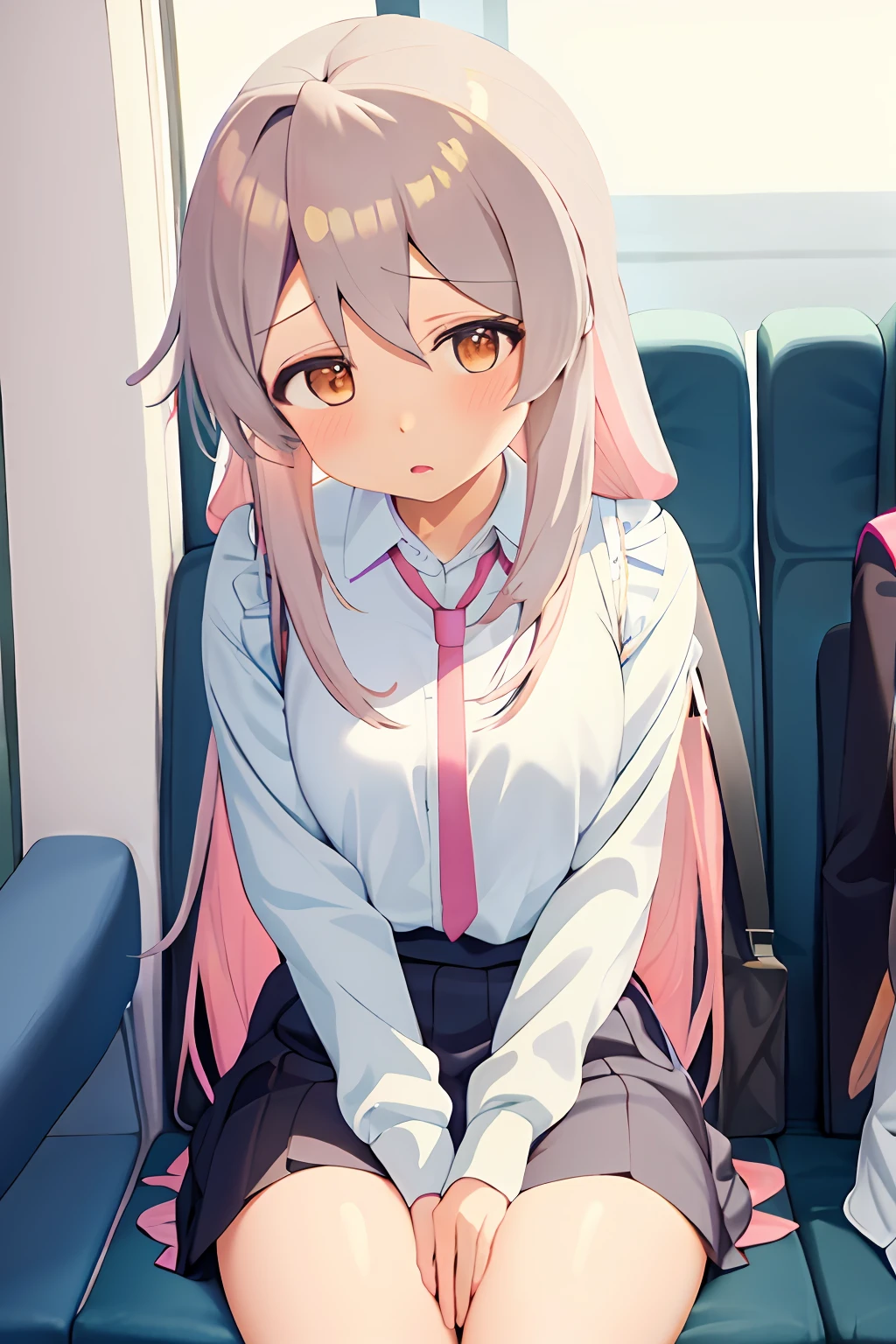 (NSFW:1.4) , Anime girl with pink hair and white shirt and tie, cute girl anime visual, portrait anime girl, cute anime girl portraits, Beautiful anime girls, a beautiful anime portrait, Anime style 4K, 4k anime wallpaper, (animemanga girl), anime wallpaper 4k, Anime girl with long hair, anime wallpaper 4k, anime art wallpaper 4k, daily life, Sit in the seat opposite you, Sit shallowly,Spread your legs slightly,lift skirt yourself,cute panties,Be red in the face,Female