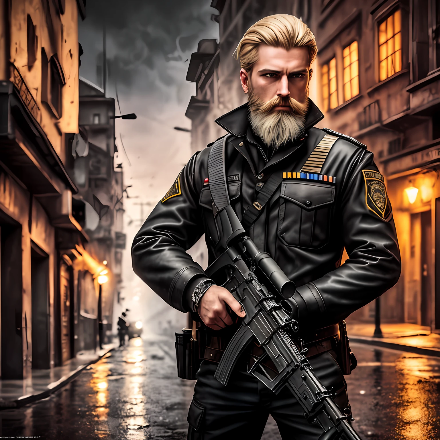 Blond guerrilla with worn black uniform, uses rifle, beard, ruined background, realistic, stylish, rutkowski, hdr, intricate details, hyperdetailed, cinematic, rim light, danger atmosphere, noir, night, red light, dark street, rain, 4k --auto