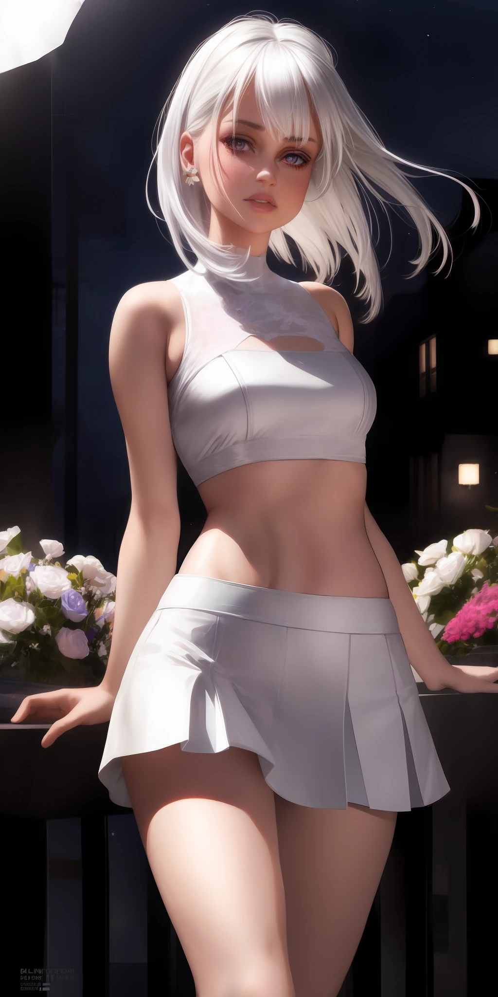 Realistic, 1girl, white hair, purple eyes, glowing eyes, cropped top, skirt, parted lips, blush, night, flowers, sun, sunlight, white skirt, short skirt, medium length hair, real, warm colors, white short Dress, white clothes, light background color, day environment, bright color background, saudi, ocean, cute,