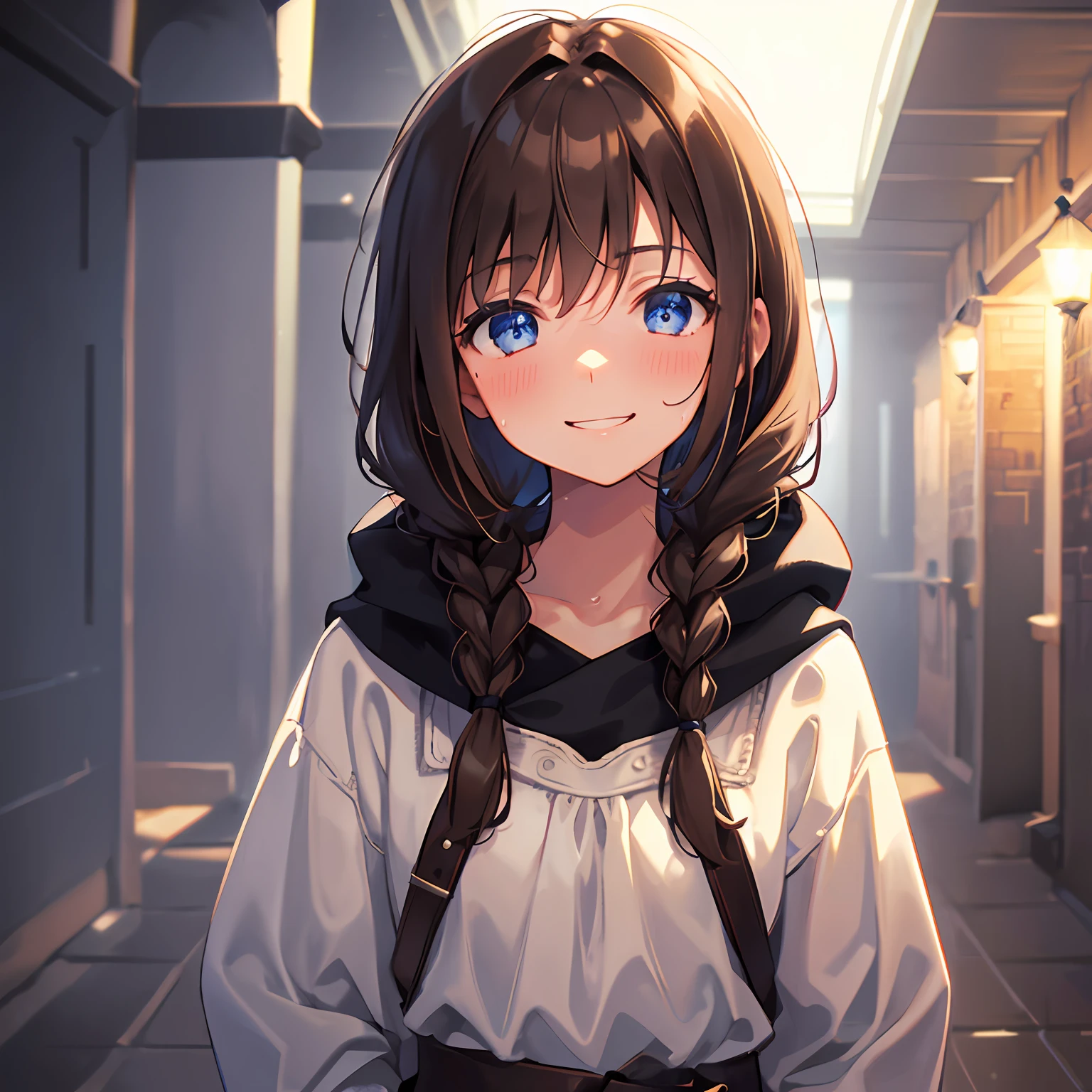 1girl, solo, , small cheetite, standing, head tilt, medieval winter clothes, light brown hair, brown hair, braided hair, very covered clothes, very long hair, tied hair, hair braid, blue eyes, leather clothes, winter clothes, closeup, medieval, face only, dark europe, dark illumination, indoors, in house, medieval, depth of field, fog, blurry, smile, nervous smile, sweat, arms behind back, masterpiece, sketch, sketch lines, chromatic aberration, beautiful, anime, artstyle,