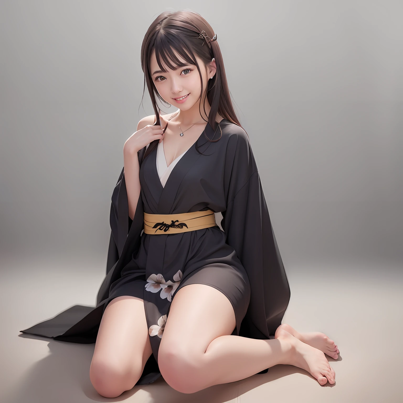 best quality, face focus, soft light, (depth of field) ,ultra high res, (photorealistic:1.4), RAW photo, portrait:1.4 ,(sit on tatami) ,Japanese-style room
1girl, solo, cute, shy, (smile:1.2), (brown eyes,catch light), detailed beautiful skin, (dark_hair, short_hair, updo ), (checked long kimono:1.4), (small chest)
