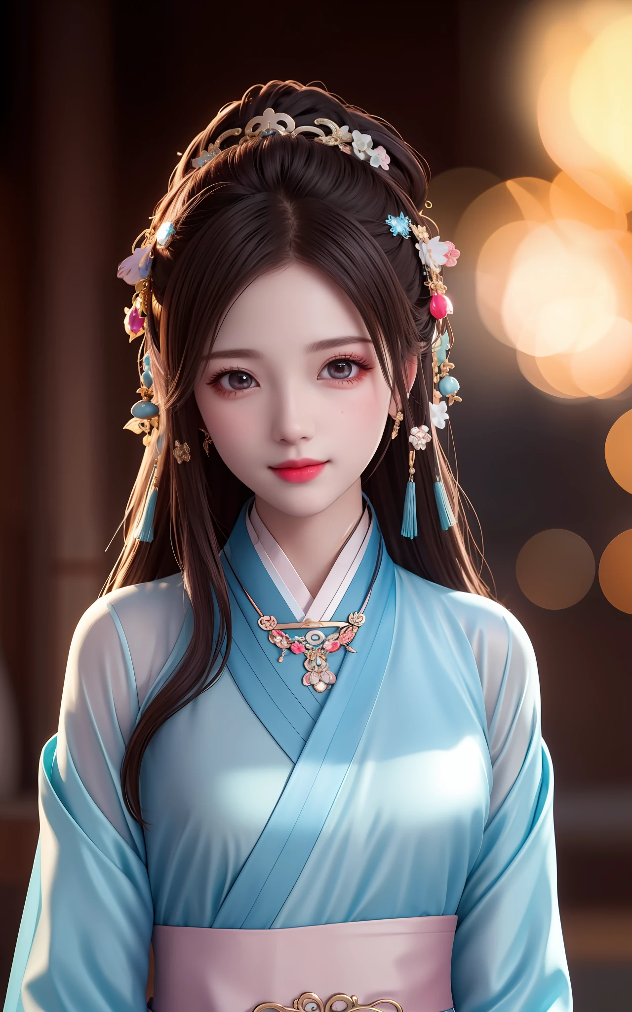 best quality, masterpiece, highres, 1girl,blush,(seductive smile:0.8),star-shaped pupils,china hanfu,hair ornament,necklace, jewelry,Beautiful face,upon_body, tyndall effect,photorealistic, dark studio, rim lighting, two tone lighting,(high detailed skin:1.2), 8k uhd, dslr, soft lighting, high quality, volumetric lighting, candid, Photograph, high resolution, 4k, 8k, Bokeh
