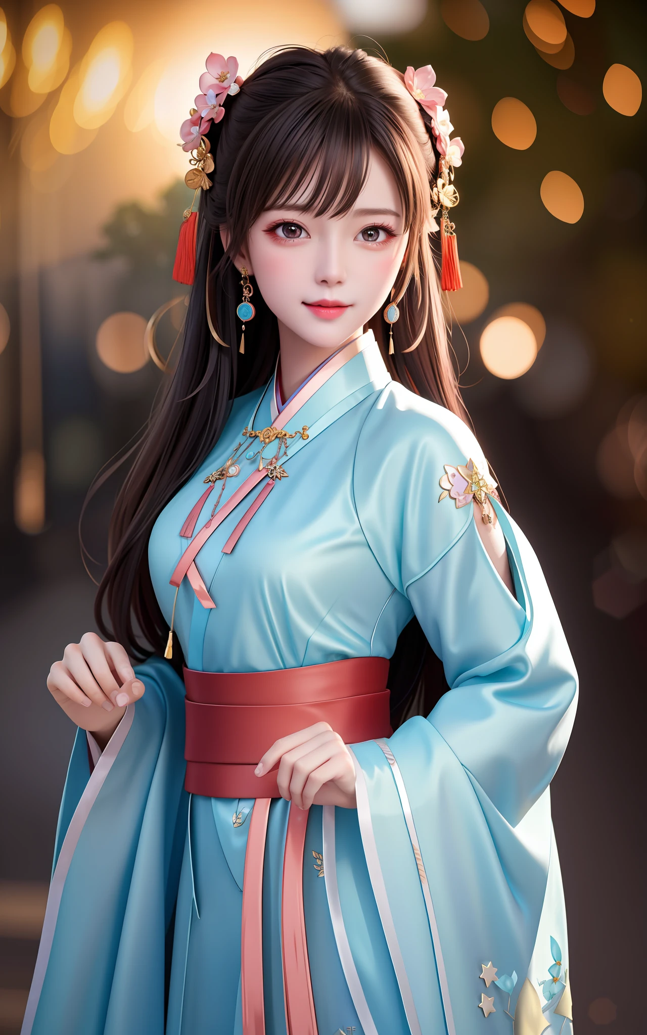 best quality, masterpiece, highres, 1girl,blush,(seductive smile:0.8),star-shaped pupils,china hanfu,hair ornament,necklace, jewelry,Beautiful face,upon_body, tyndall effect,photorealistic, dark studio, rim lighting, two tone lighting,(high detailed skin:1.2), 8k uhd, dslr, soft lighting, high quality, volumetric lighting, candid, Photograph, high resolution, 4k, 8k, Bokeh