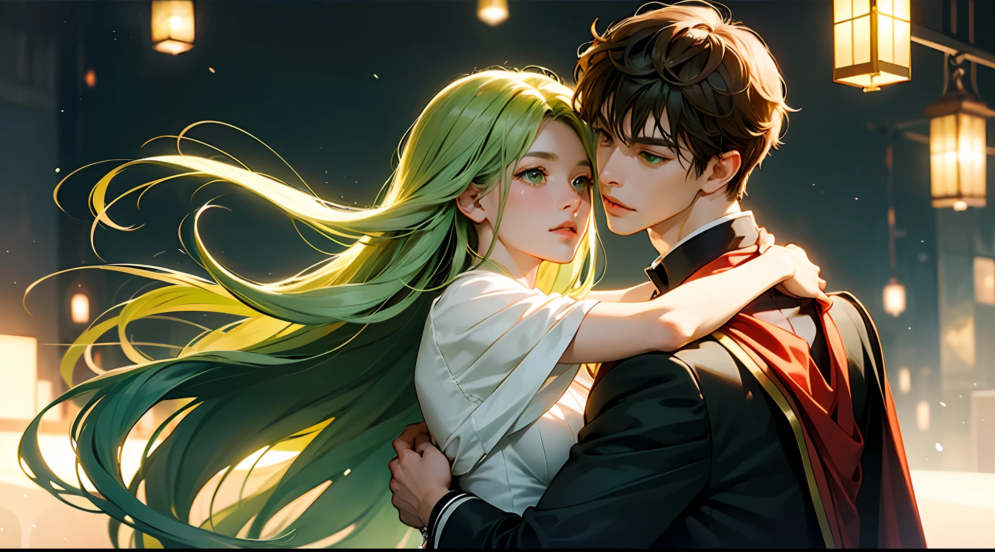2characters_girl_X_and_boy_Z kissing, hugging, love, romantic, girl_X c.c. have yellow eyes and long straight green hair, boy_Z kururugi_suzaku have a light brown short wavy hair and green eyes, code geass, xxxholic