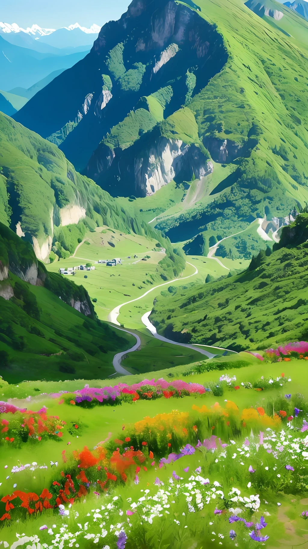 Mountains with green valleys and flower fields, Vast lush valley flowers, Valle encantador, Majestic nature, mountainous terrain, High quality wallpaper, mountainous setting, beatiful mountain background, stunning nature in background, mountainous background, mountainous terrain. rare flora, very beautiful scenery, very very beautiful scenery, breathtaking landscape, in a valley, Beautiful wallpaper