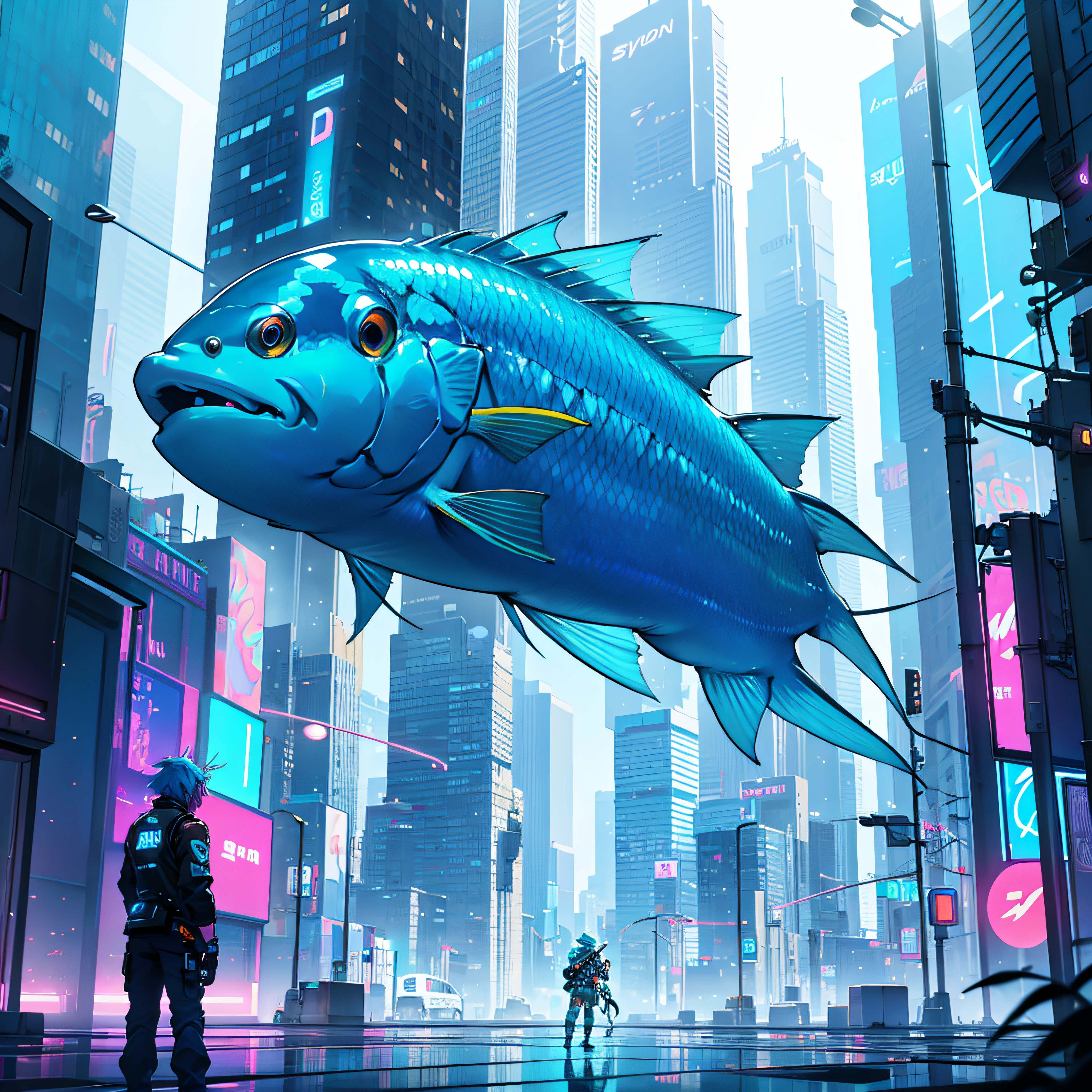Create an image of a neon cyan fish with arms and legs destroying a skyscraper with the background of the Andromeda Galaxy --auto
