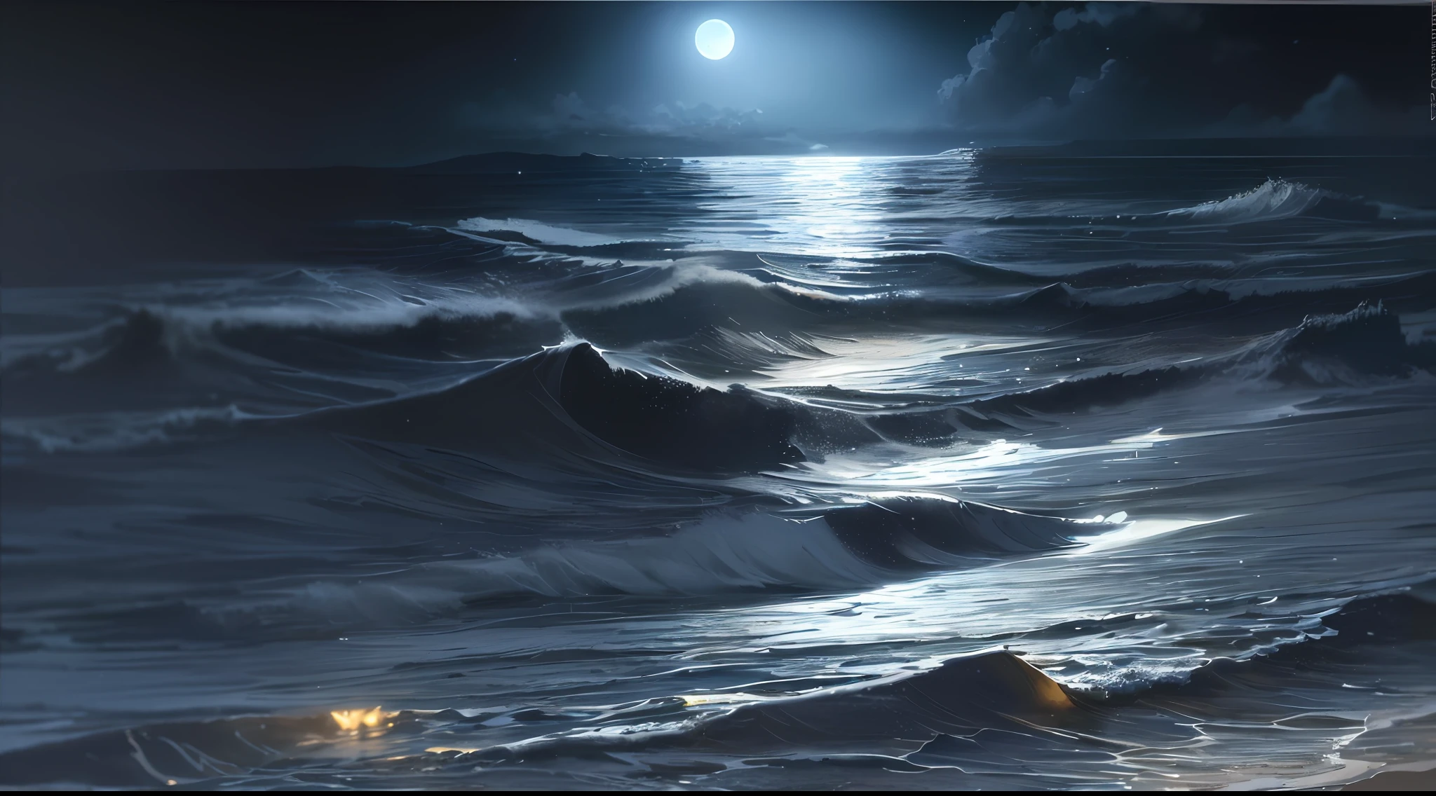 (moonlit night),(on the beach,crashing waves),(dramatic lighting),(silhouettes),(sparkling sand),(peaceful and relaxing atmosphere)