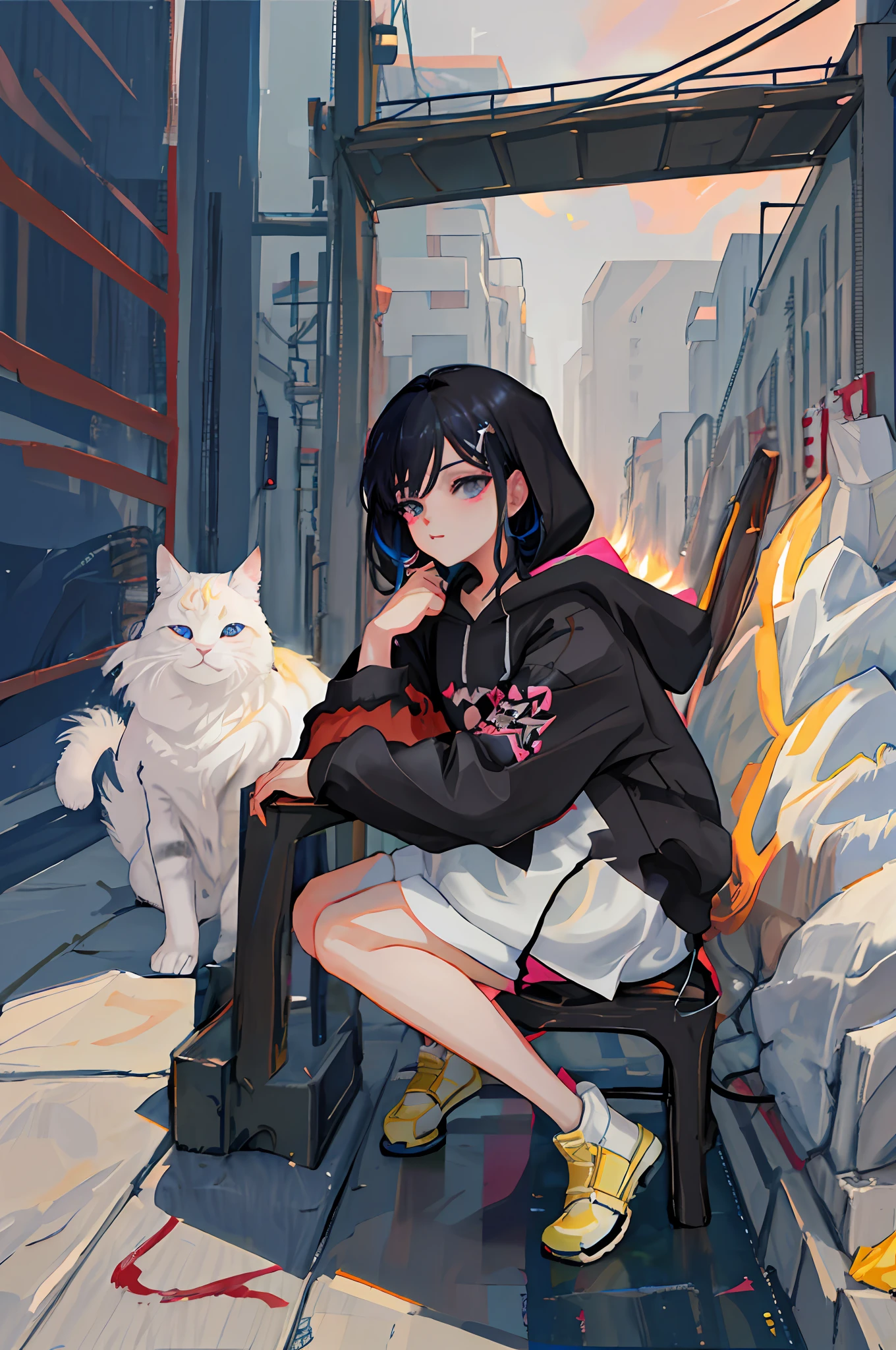 Anime girl sitting on the floor，A cat in his hand, style of anime4 K, black haired girl wearing hoodie, By Yuumei, Guviz-style artwork, Anime style. 8K, the anime girl is crouching, drawn in anime painter studio, In anime style, Guweiz in Pixiv ArtStation, Digital anime illustration