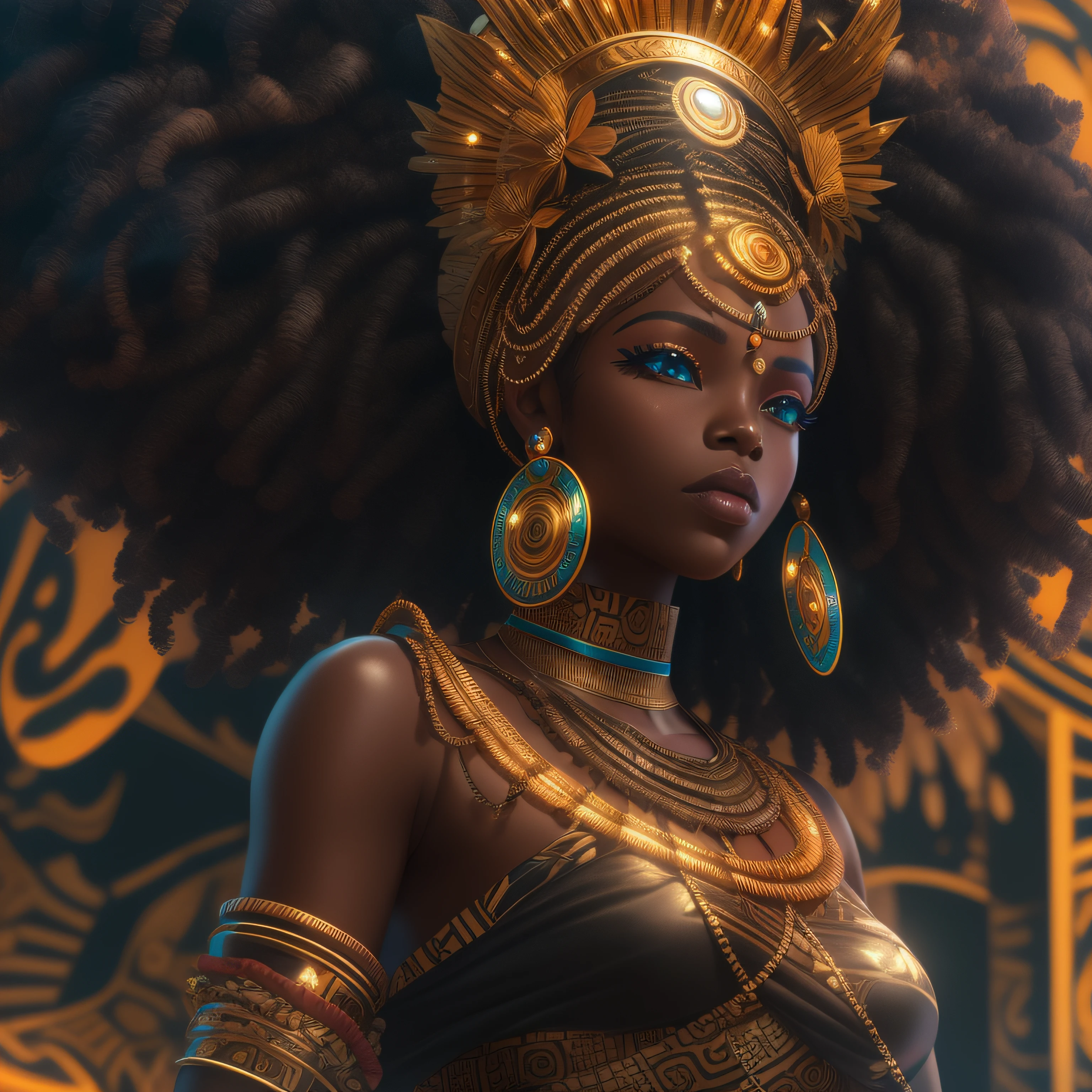 a close up of a woman in a costume with a headdress, african princess, black african princess, epic 3 d oshun, afrofuturism anime, stunning african princess, black anime manga girl, african queen, african, beautiful digital artwork, advanced digital anime art ”, african woman, dark skin female goddess of love, afro futurism, a beautiful artwork illustration