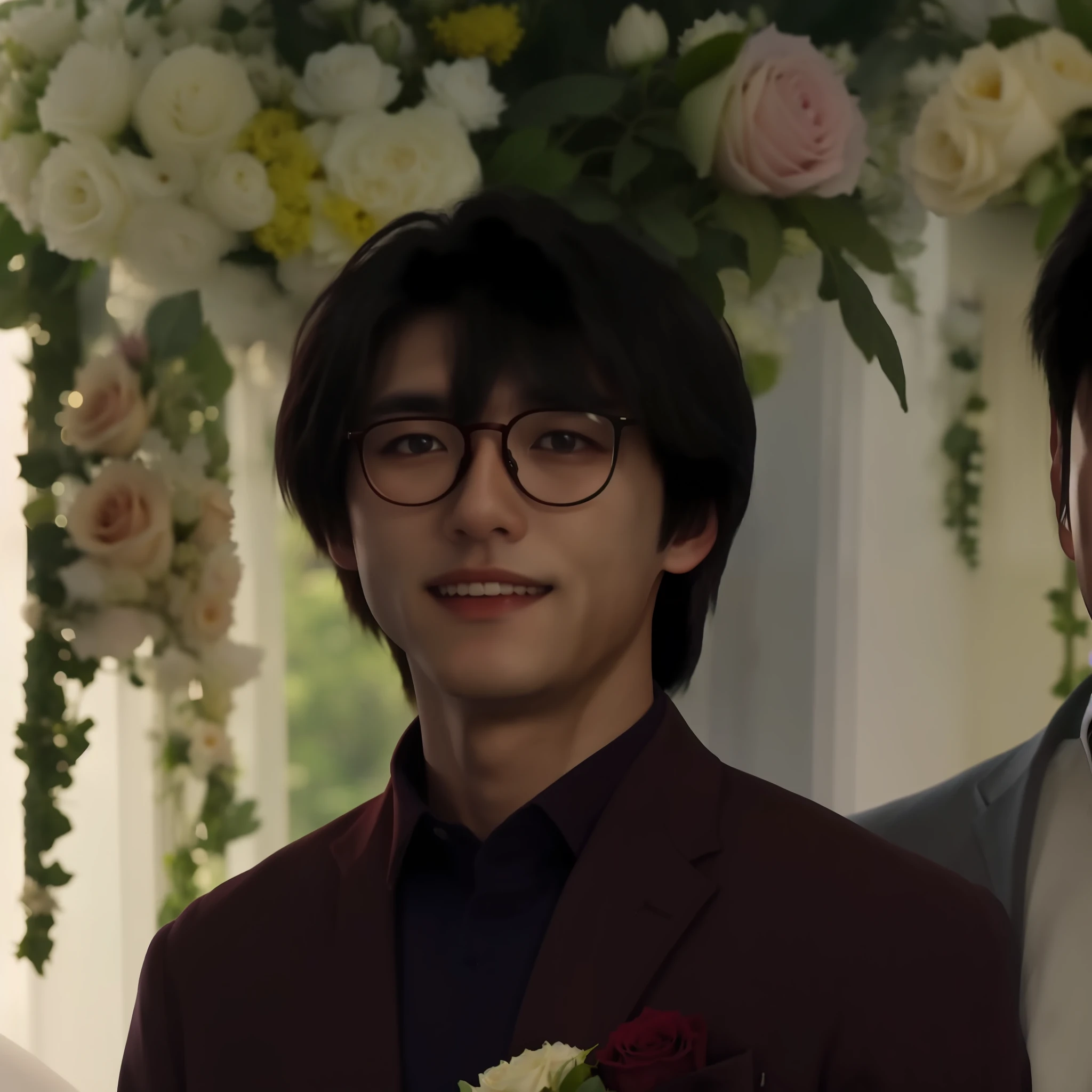 Extremely detailed 8K quality，A handsome, dashing 16-year-old man wears a burgundy suit，Holding a rose in his hand，Flowers hanging from the back。The lad was smiling。Wears a pair of fine-rimmed glasses。