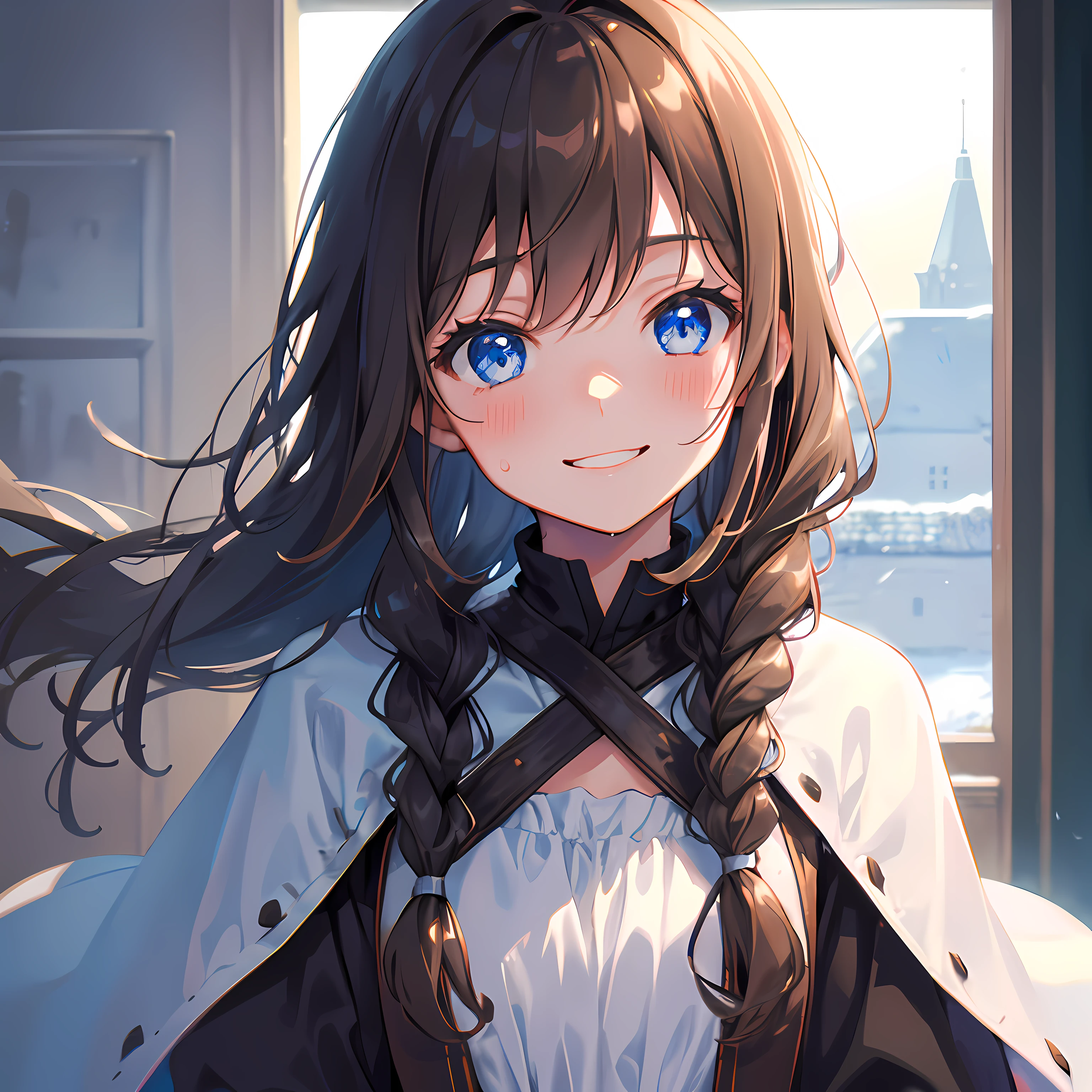 1girl, solo, teen girl, small chest, petite, standing, head tilt, medieval winter clothes, light brown hair, brown hair, braided hair, very long hair, tied hair, hair braid, blue eyes, leather clothes, winter clothes, closeup, medieval, face only, dark europe, dark illumination, indoors, in house, medieval, depth of field, fog, blurry, smile, nervous smile, sweat, arms behind back, masterpiece, sketch, sketch lines, chromatic aberration, beautiful, anime, artstyle,