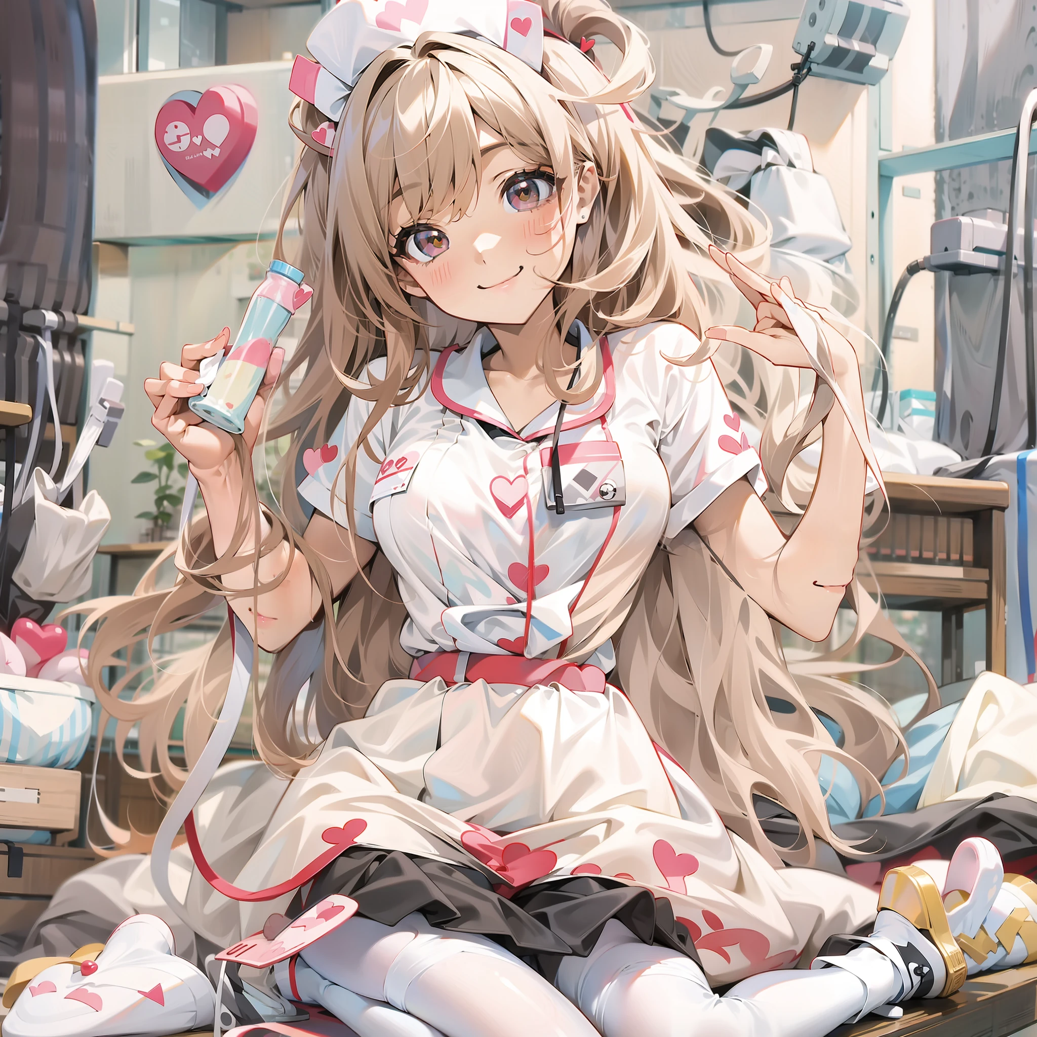 masterpiece, best quality, nurse, gyaru, medium hair, hair down, seductive smile, heart-shaped eyes, white pantyhose, shoes , yokozuwari, ,