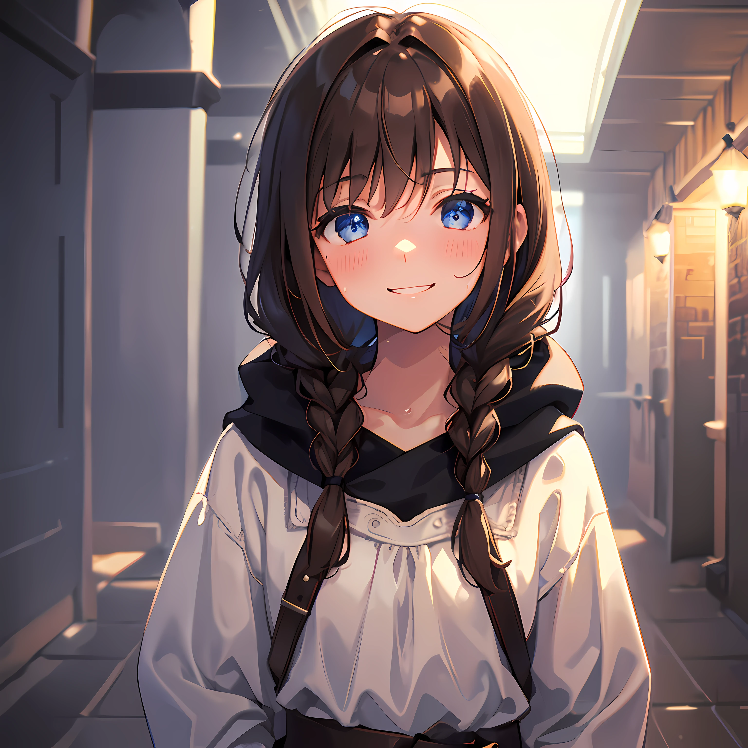 1girl, solo, , small cheetite, standing, head tilt, medieval winter clothes, light brown hair, brown hair, braided hair, very covered clothes, very long hair, tied hair, hair braid, blue eyes, leather clothes, winter clothes, closeup, medieval, face only, dark europe, dark illumination, indoors, in house, medieval, depth of field, fog, blurry, smile, nervous smile, sweat, arms behind back, masterpiece, sketch, sketch lines, chromatic aberration, beautiful, anime, artstyle,