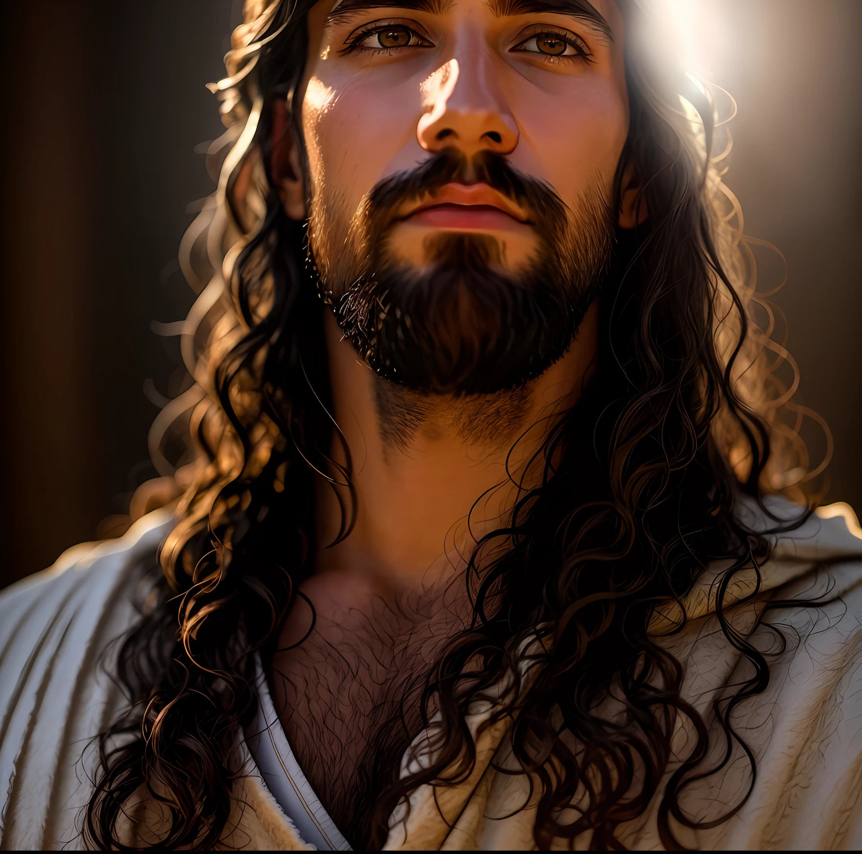 add_detail:1, realistic image of Jesus Christ, add_detail:light and distant light from heaven above the head