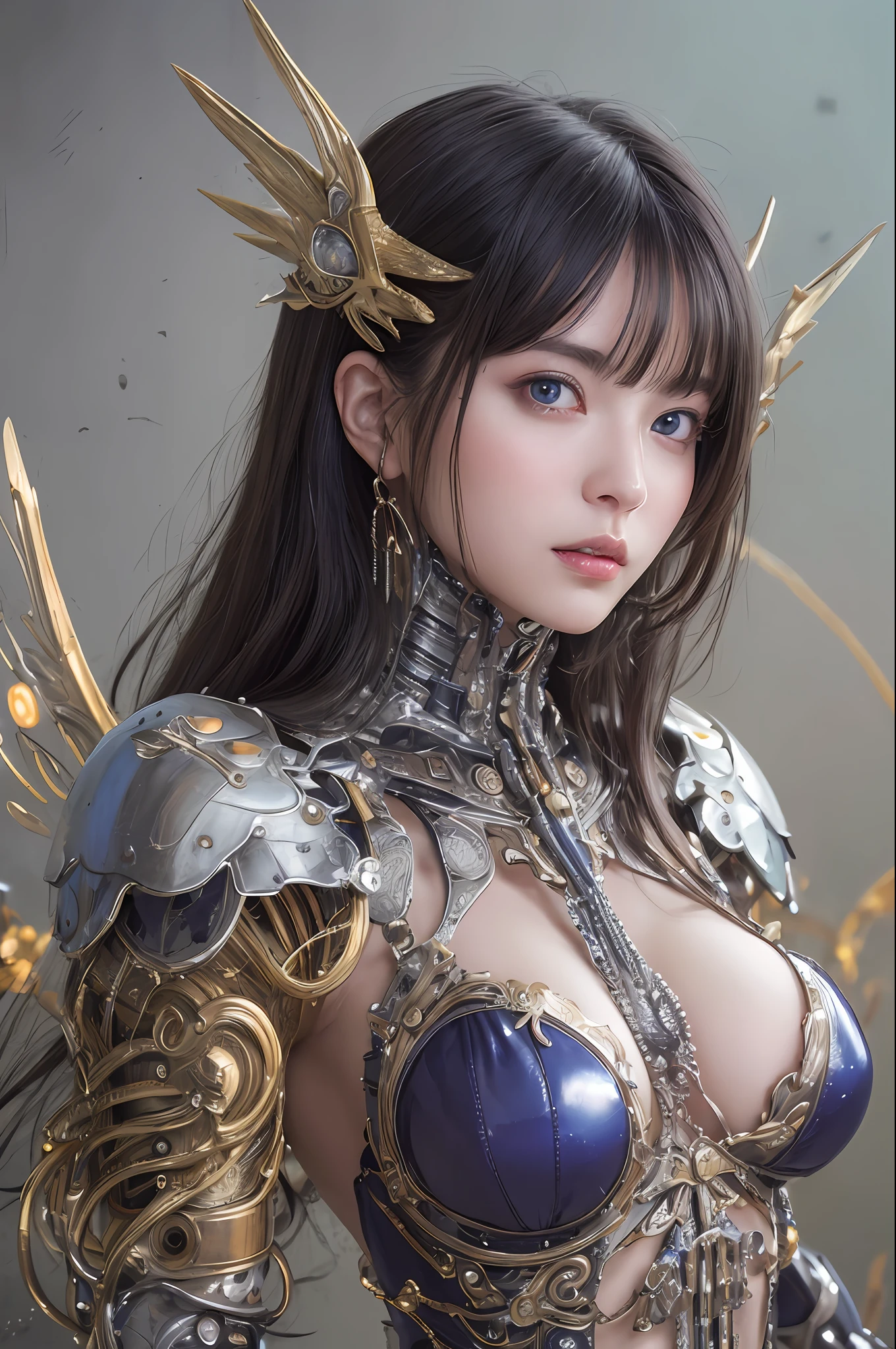 top-quality、​masterpiece、超A high resolution、(Photorealsitic:1.4)、Raw photo、女の子1人、Black hair、glowy skin、1. Mechanical Angel Girl、large metal wings、((super realistic details))、portlate、globalillumination、Shadow、octan render、8K、ultrasharp、Colossal tits、Raw skin is exposed in cleavage、metals、Details of complex ornaments、Steampunk details、Hydraulic cylinder、highly intricate detail、Realistic light、CGSoation Trends、a purple eye、radiant eyes、Facing the camera、neon details、Mechanical limbs、blood vessels connected to tubes、Mechanical vertebrae attached to the back、mechanical cervical attaching to neck、cowboy  shot、Wires and cables connecting to the head、Sumerian details、Small LED lamp、