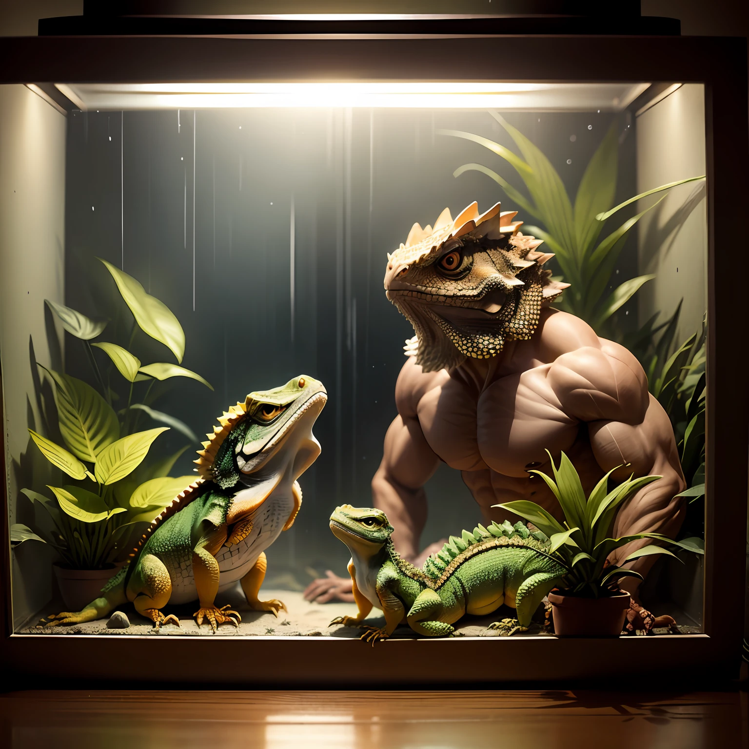 "A magnificent Bearded Dragon with sandy-colored scales" observing 2 tiny terrified figures within a vivarium" amidst the dimly lit, rain-drenched jungle." inspired by kevin bacon --auto