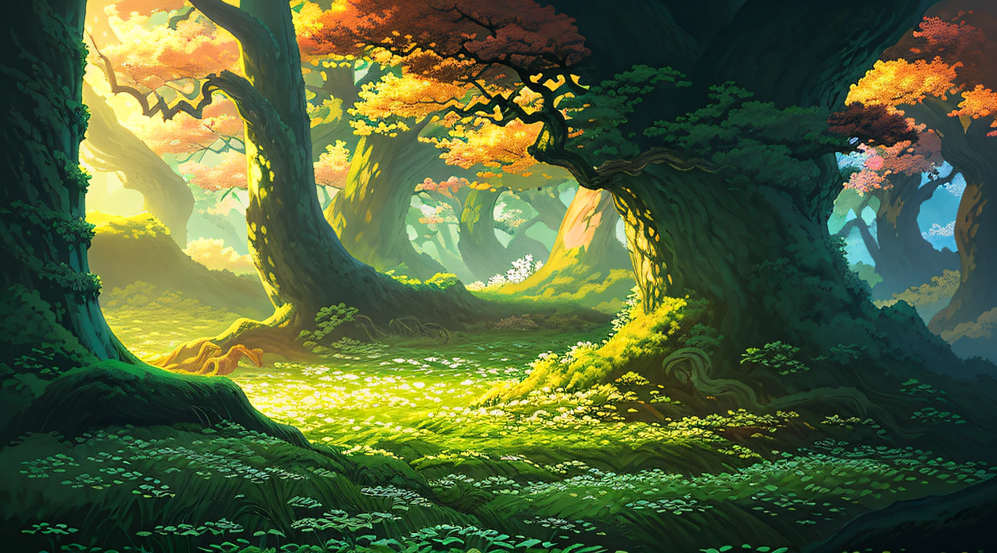 (digital painting),(best quality), enchanted forest, green, yellow, brown, Ukiyo-e art style, Lord of the Rings inspiration, Deviant Art popular, 8k ultra-realistic, earthy color scheme, soft lighting, golden hour, tranquil atmosphere, landscape orientation