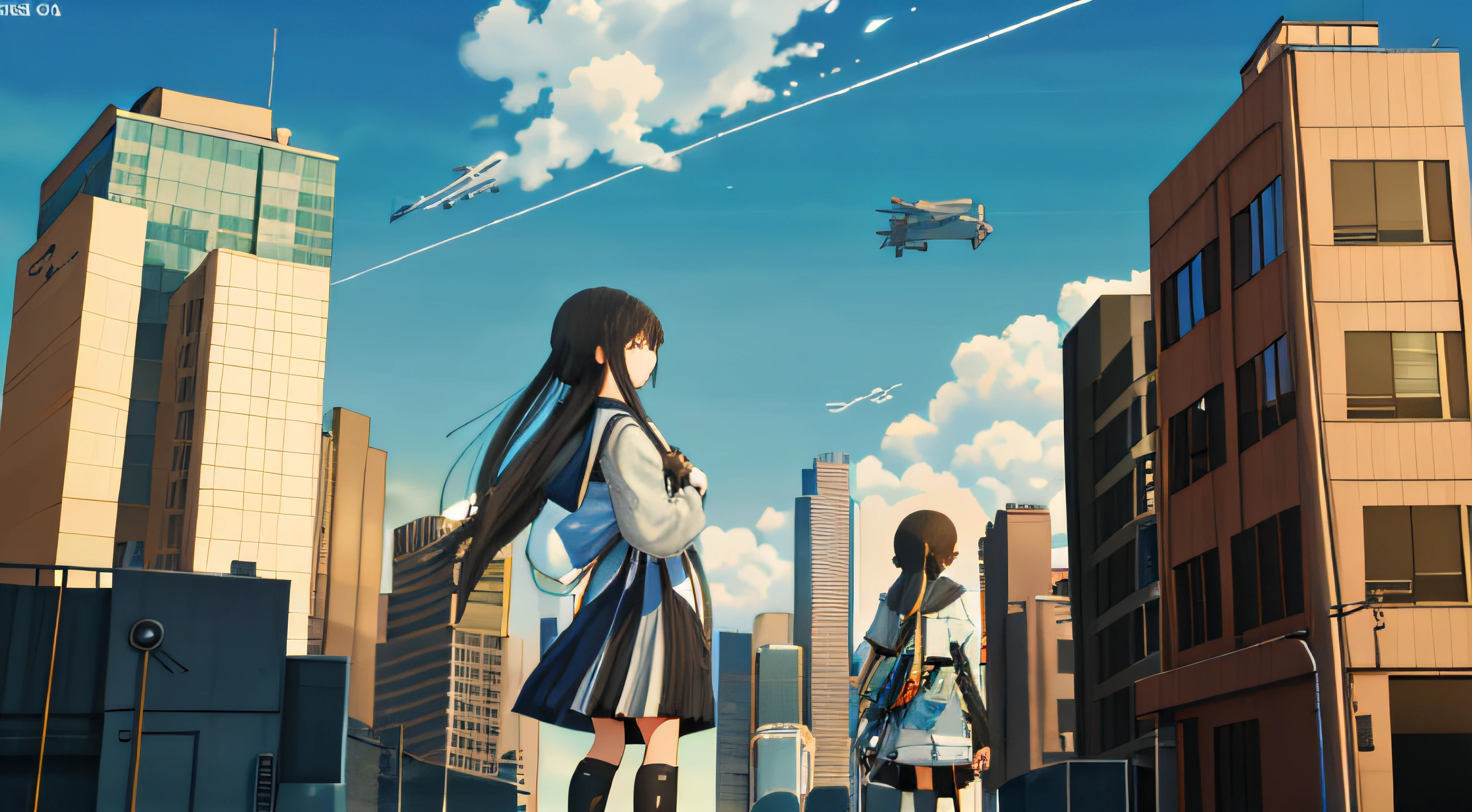 In the future technology empire, there are many people living and working peacefully on the streets, spaceships flying in the air, and two girls looking at the sky in front of me, note that it is anime style