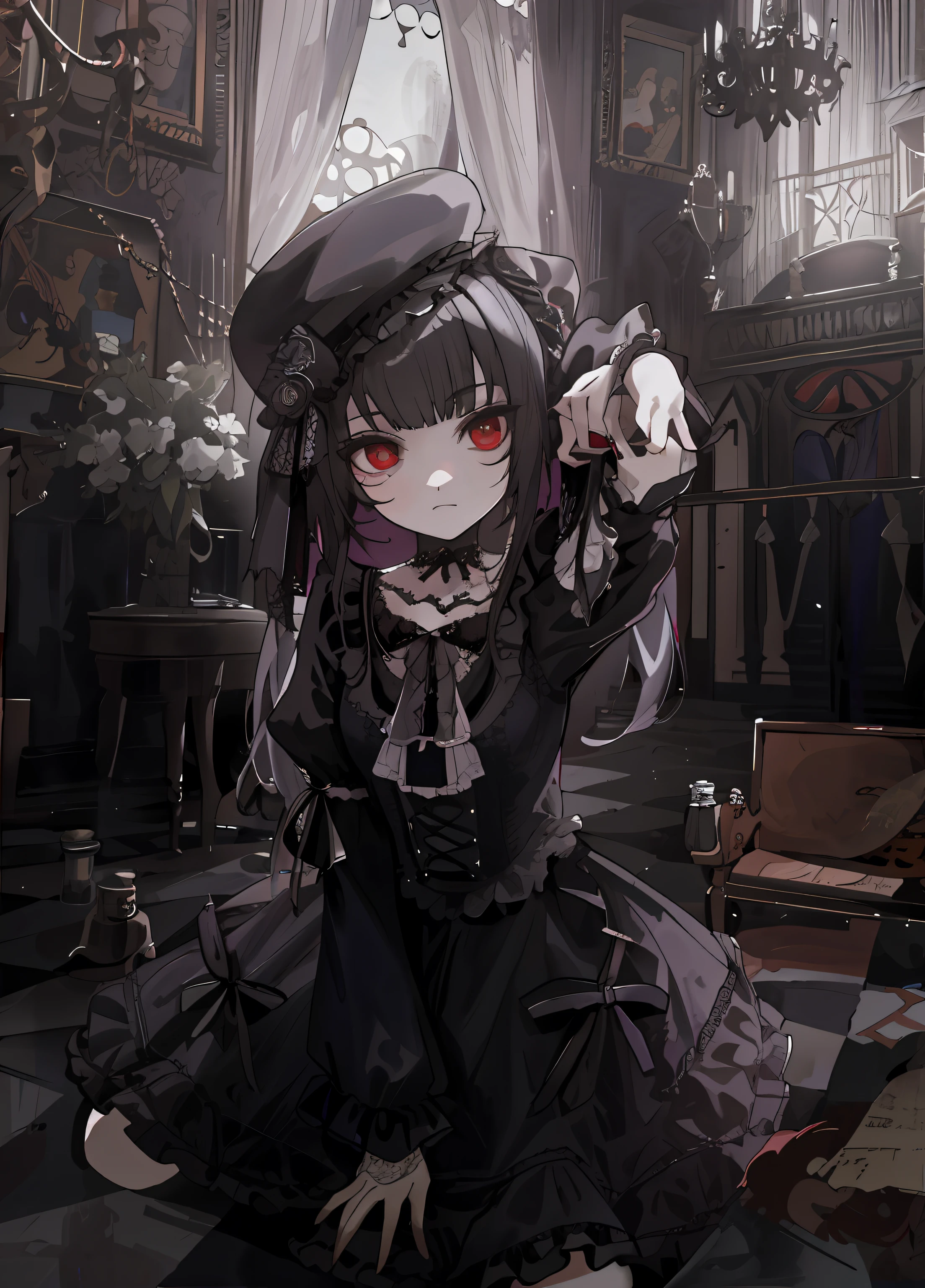 Chica de anime con un vestido negro sentada en el suelo con un sombrero puesto, Gothic anime girl Maiden, gothic art style, goth girl, Gothic!!, 1 7 - - old me goth girl, an elegant gothic princess, Estilo de arte oscuro, Arte Barroco Oscuro, dark fantasy style, gothic art, Retrato de Lolita, victorian gothic lolita fashion, dark fantasy style art, red eyes