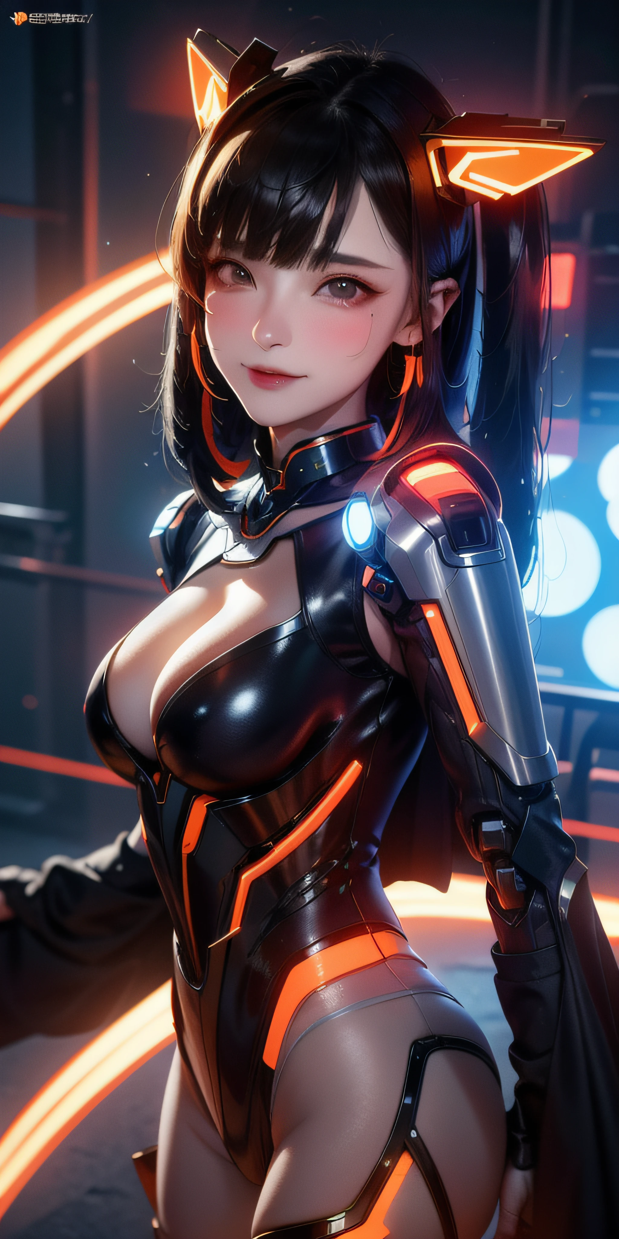 1 girl, solo, Chinese_clothes, metallic black titanium and orange, cyberhan, cheongsam, cyberpunk city, dynamic pose, detailed luminous headphones, glowing hair accessories, long hair, luminous earrings, glowing necklace, cyberpunk, high-tech city, full of mechanical and futuristic elements, futurism, technology, glowing neon, orange, orange light, fluorescent orange, skirt, cape, coat, laser, digital background, urban sky, big moon, with vehicle, best quality, masterpiece, 8K, Character edge light, super high detail, high quality, the most beautiful woman in human beings, slight smile, face facing front and left and right symmetry, ear decoration, beautiful pupils, light effects, visual data, pick and dye orange, dye hair, super detail facial texture, happy and proud, weapon system, mecha style, crowded street passers-by, mechanical wings, super light and shadow
