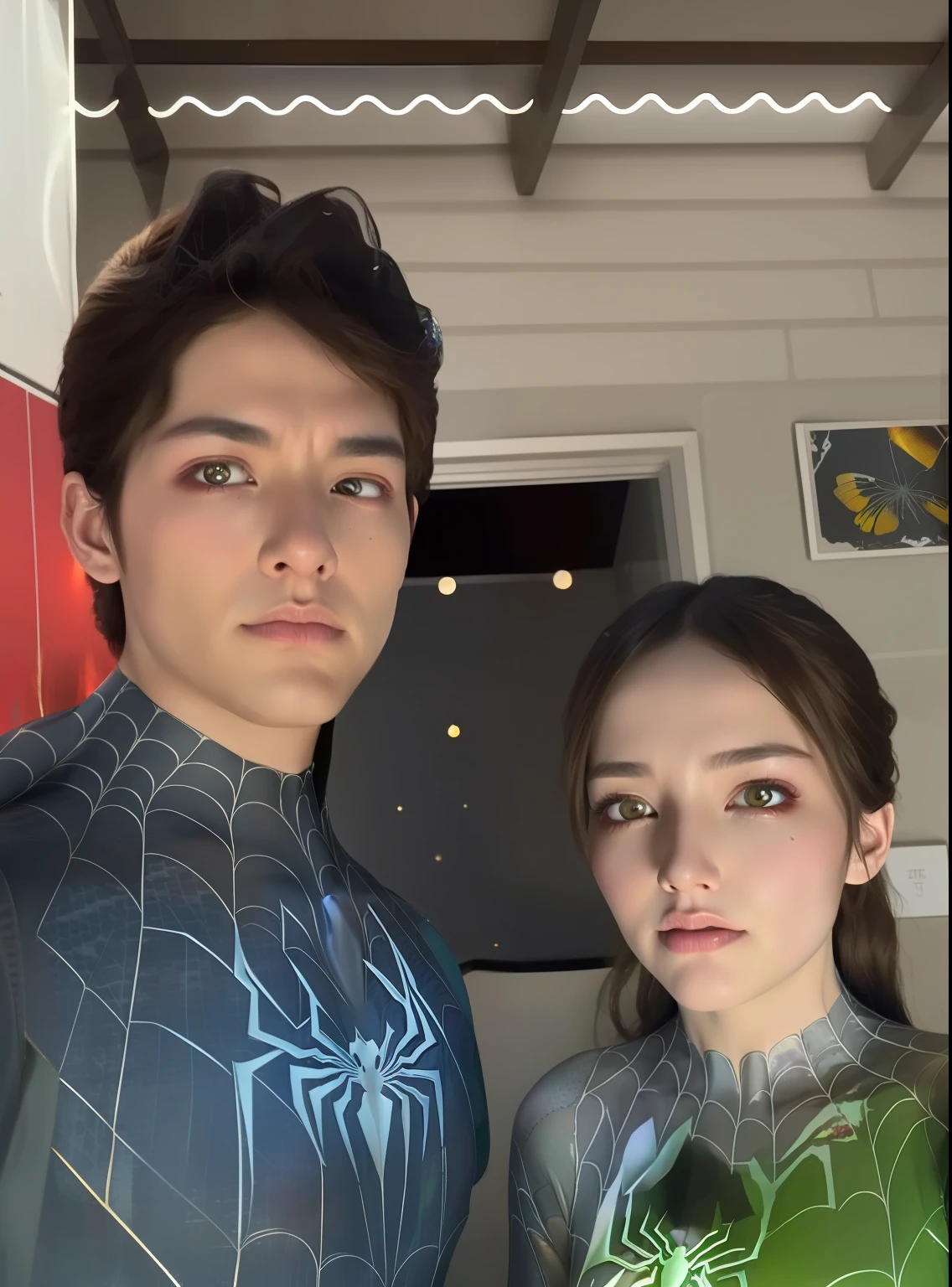 spiderman and spidergwen cloths, 8k portrait of beautiful cyborg with brown hair, intricate, elegant, highly detailed, majestic, digital photography, art by artgerm and ruan jia and greg rutkowski surreal painting gold butterfly filigree, broken glass, (masterpiece, sidelighting, finely detailed beautiful eyes: 1.2), hdr,