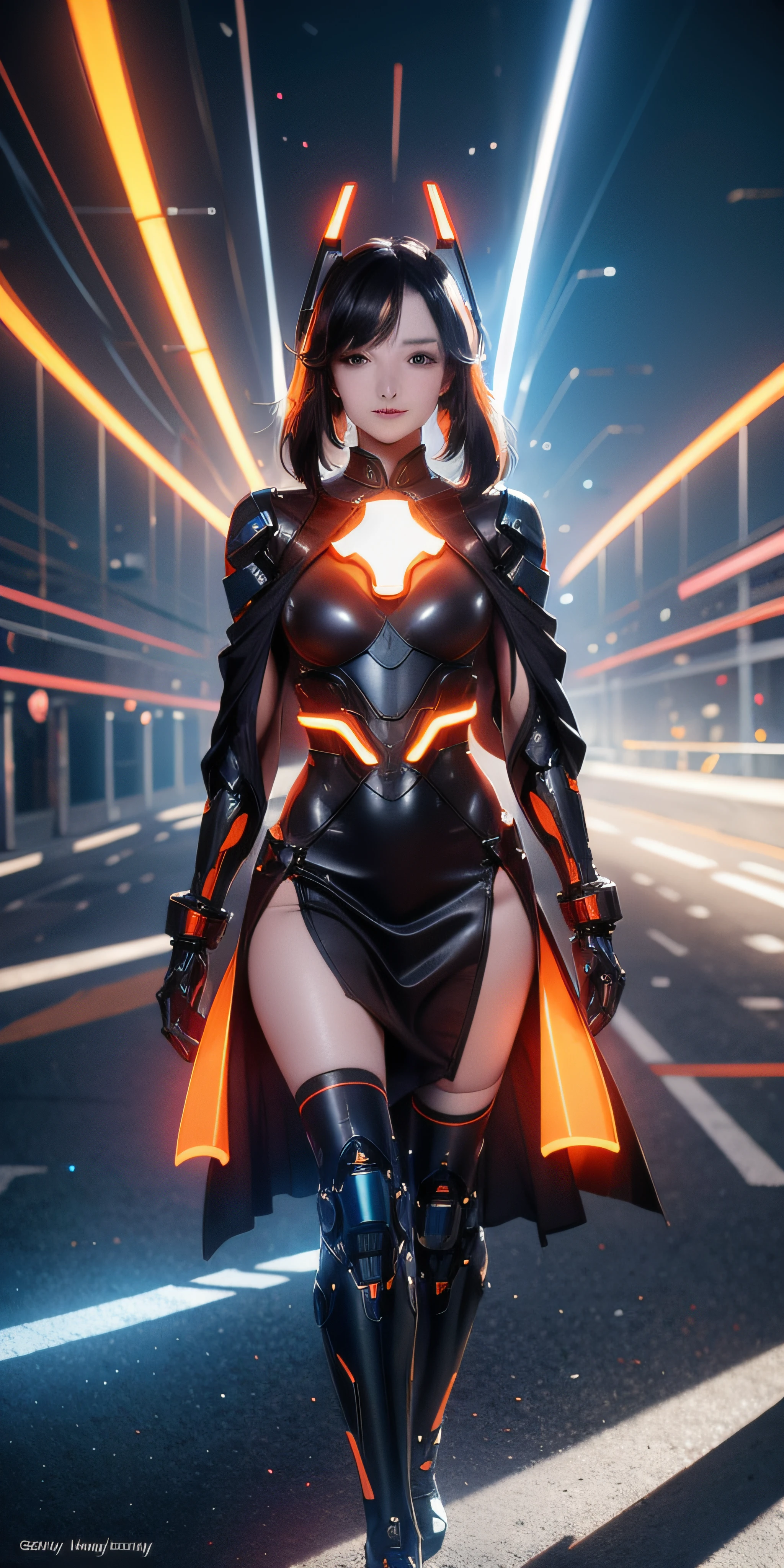 1 girl, solo, Chinese_clothes, metallic black titanium and orange, cyberhan, cheongsam, cyberpunk city, dynamic pose, detailed luminous headphones, glowing hair accessories, long hair, luminous earrings, glowing necklace, cyberpunk, high-tech city, full of mechanical and futuristic elements, futurism, technology, glowing neon, orange, orange light, fluorescent orange, skirt, cape, coat, laser, digital background, urban sky, big moon, with vehicle, best quality, masterpiece, 8K, Character edge light, super high detail, high quality, the most beautiful woman in human beings, slight smile, face facing front and left and right symmetry, ear decoration, beautiful pupils, light effects, visual data, pick and dye orange, dye hair, super detail facial texture, happy and proud, weapon system, mecha style, crowded street passers-by, mechanical wings, super light and shadow