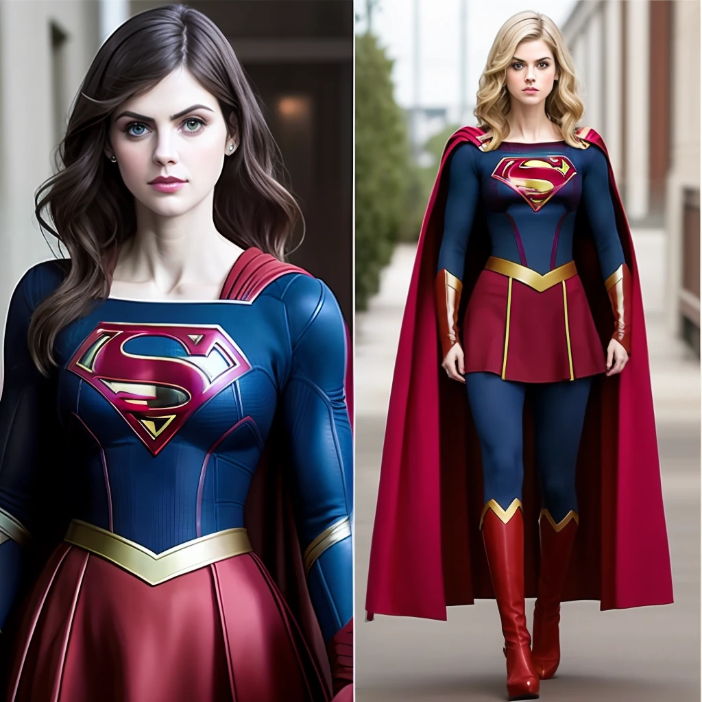 alexandra daddario vestida com traje clasico quadrinhos como supergirl heroina  cabelo loiro curto alta qualidade 8k detalhes corpo roupa em detalhes realismo,rosto perfeito com a cara da atriz atual tendecia james gunn