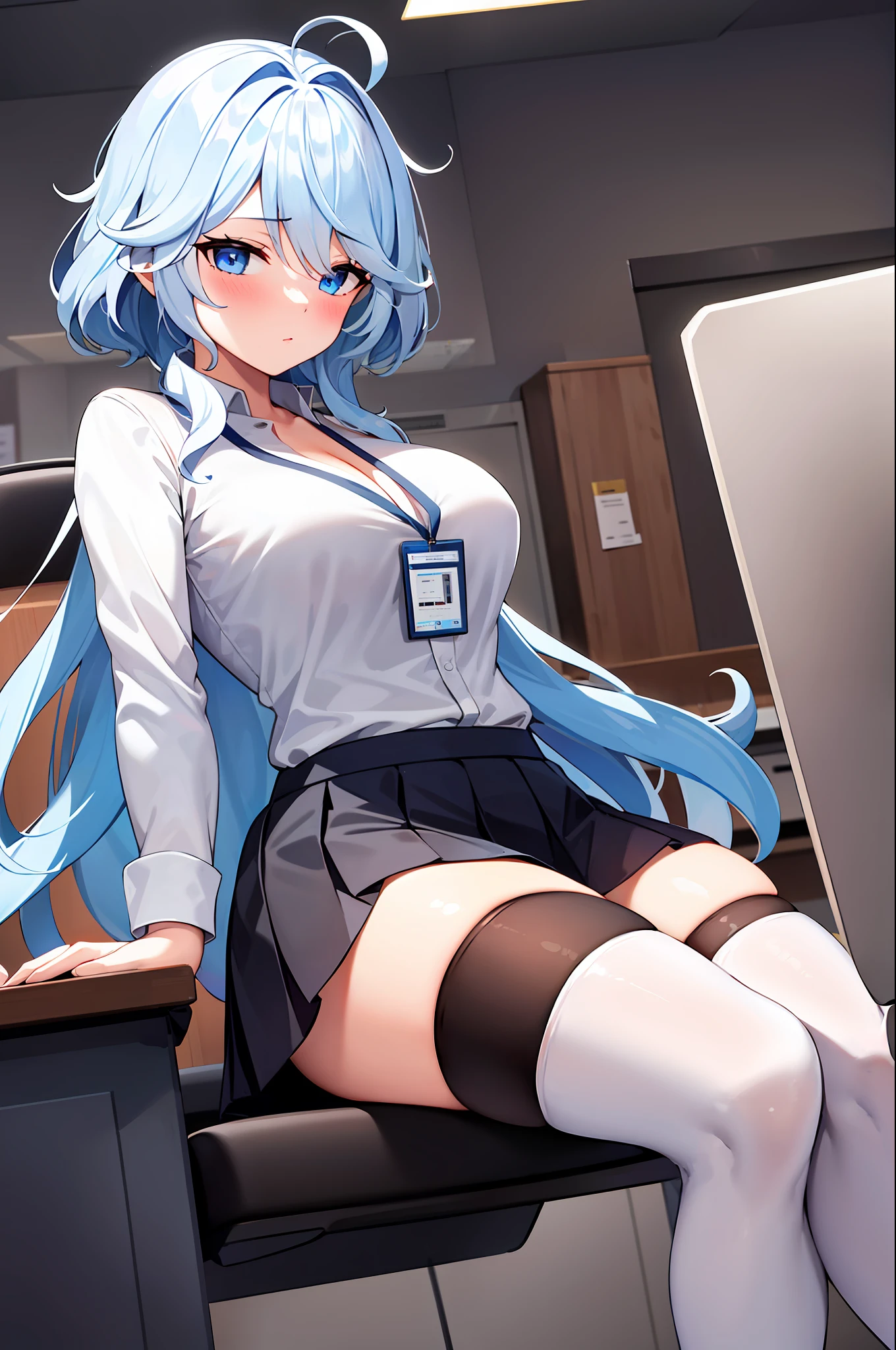 1girl, solo, ((white shirt)), black thighhighs, breasts, cleavage, uniform, office background, black skirt, pleated skirt, office,large breasts, looking at viewer, BLUE SEA HAIR, solo, thighhighs, thighs, very long hair, ((masterpiece)), sitting, chair, desk, computer on desk, name tag, id tag, indoor, blush, sexy pose,