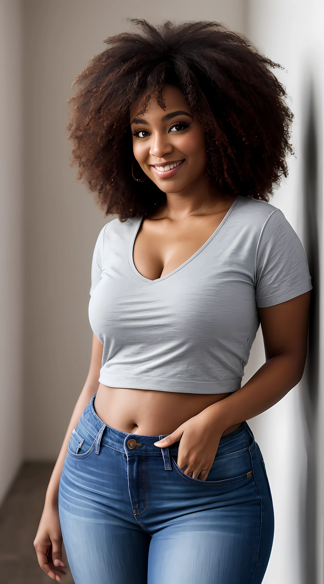 ((add_detail:1)), ((Raw photo)), A portrait of a beautiful semi curvy black woman, por volta dos seus 40 anos, baixa estatura, Afro curly hair at neck height, olhos castanhos escuros, sorriso contagiante, body semi curvilíneo, (Blusa branca decente), jeans azul, Bem vestida, casada, standingn, oficina de Costura, fotografia hiperdetalhada, luz suave, head and breast portrait, cobrir, best quality, (rosto bonito detalhado, textura da pele do detalhe, corpo ultra-detalhado:1.1)