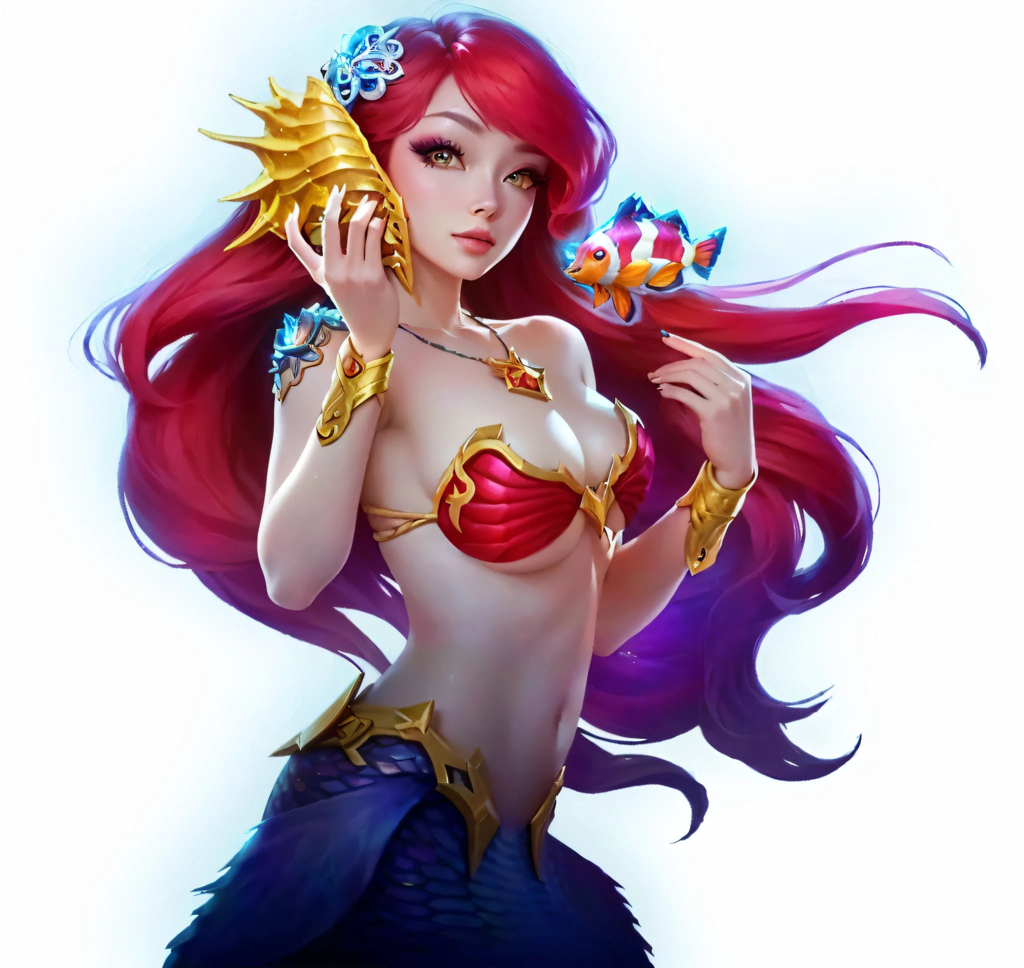 ((Realistic lighting, best qualtiy, 8k, tmasterpiece:1.3)),Cartoon mermaid,Fish and starfish in hand, queen of the sea mu yanling, kda, miss fortune league of legends, beautiful mermaid, Nami, Extremely detailed Artgerm, miss fortune, portrait of mermaid queen, Nautical siren, artgerm colorful!!!, princess ariel, Goddess of the sea, Siren, league of legends art style